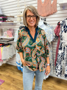 Hunter Green Paisley Print V-Neck Top with Bubble Sleeves - A'Bekah's Boutique