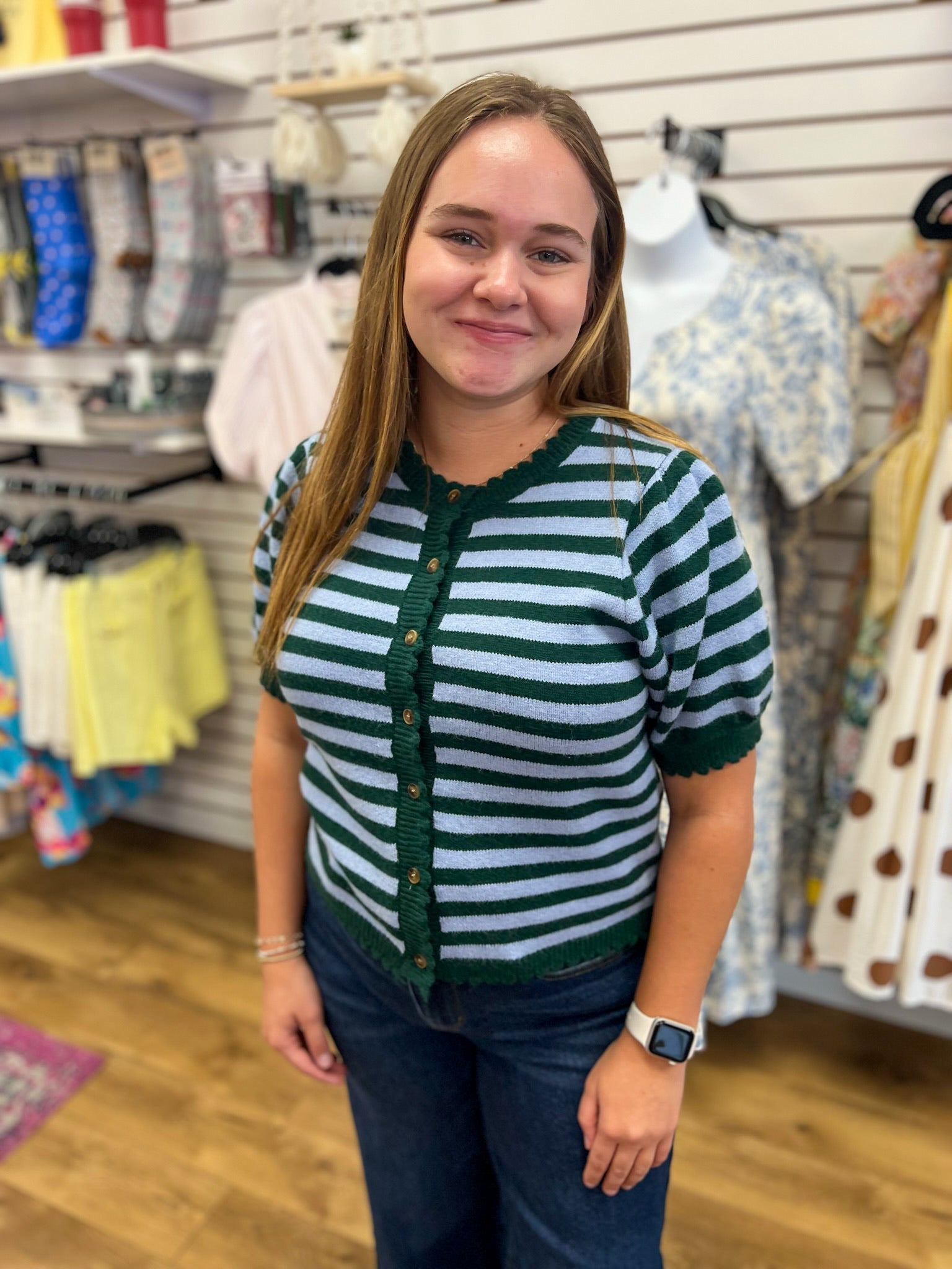 Hunter Green Striped Button Up Sweater with Short Sleeves - A'Bekah's Boutique