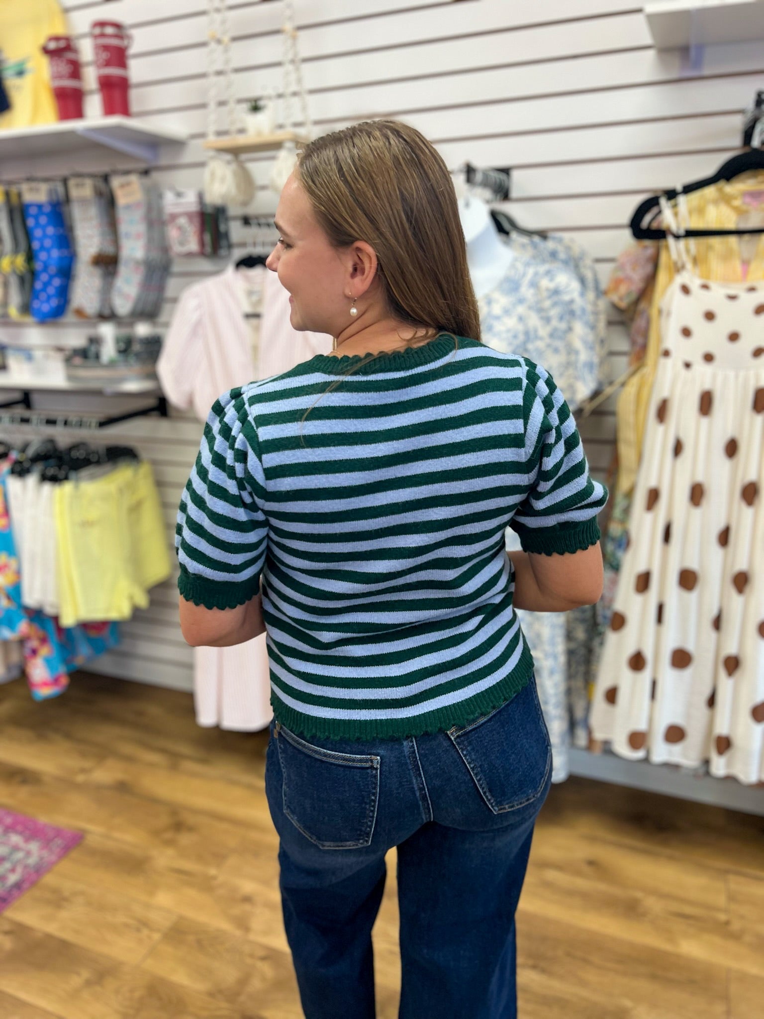 Hunter Green Striped Button Up Sweater with Short Sleeves - A'Bekah's Boutique