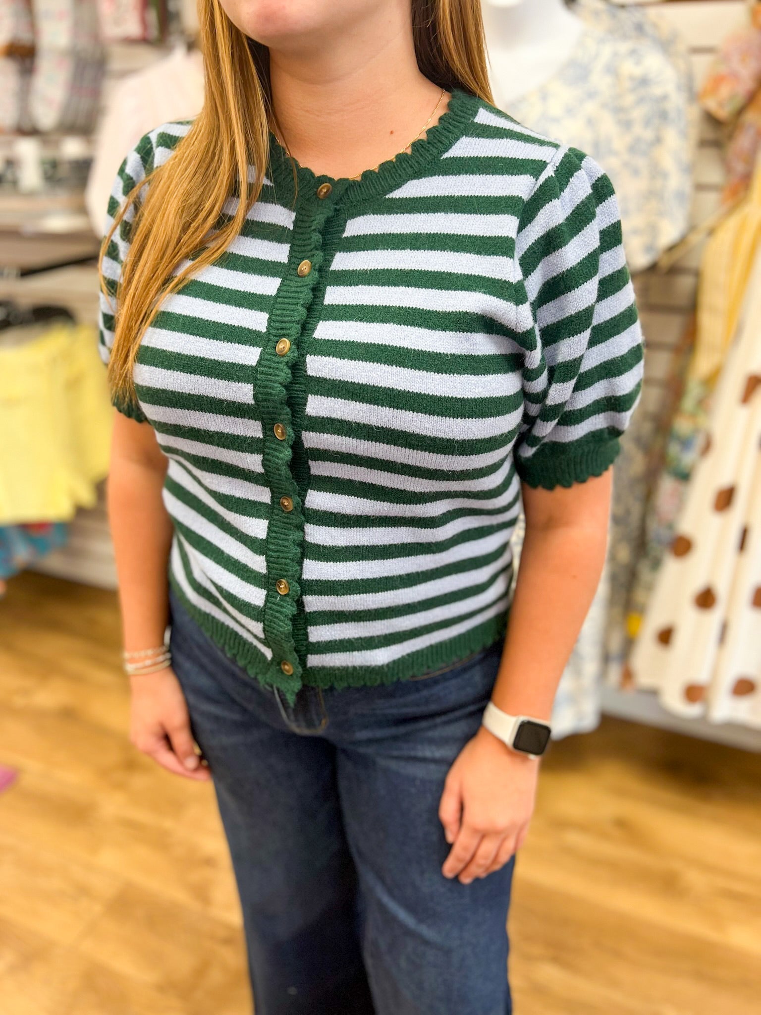 Hunter Green Striped Button Up Sweater with Short Sleeves - A'Bekah's Boutique