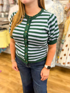 Hunter Green Striped Button Up Sweater with Short Sleeves - A'Bekah's Boutique