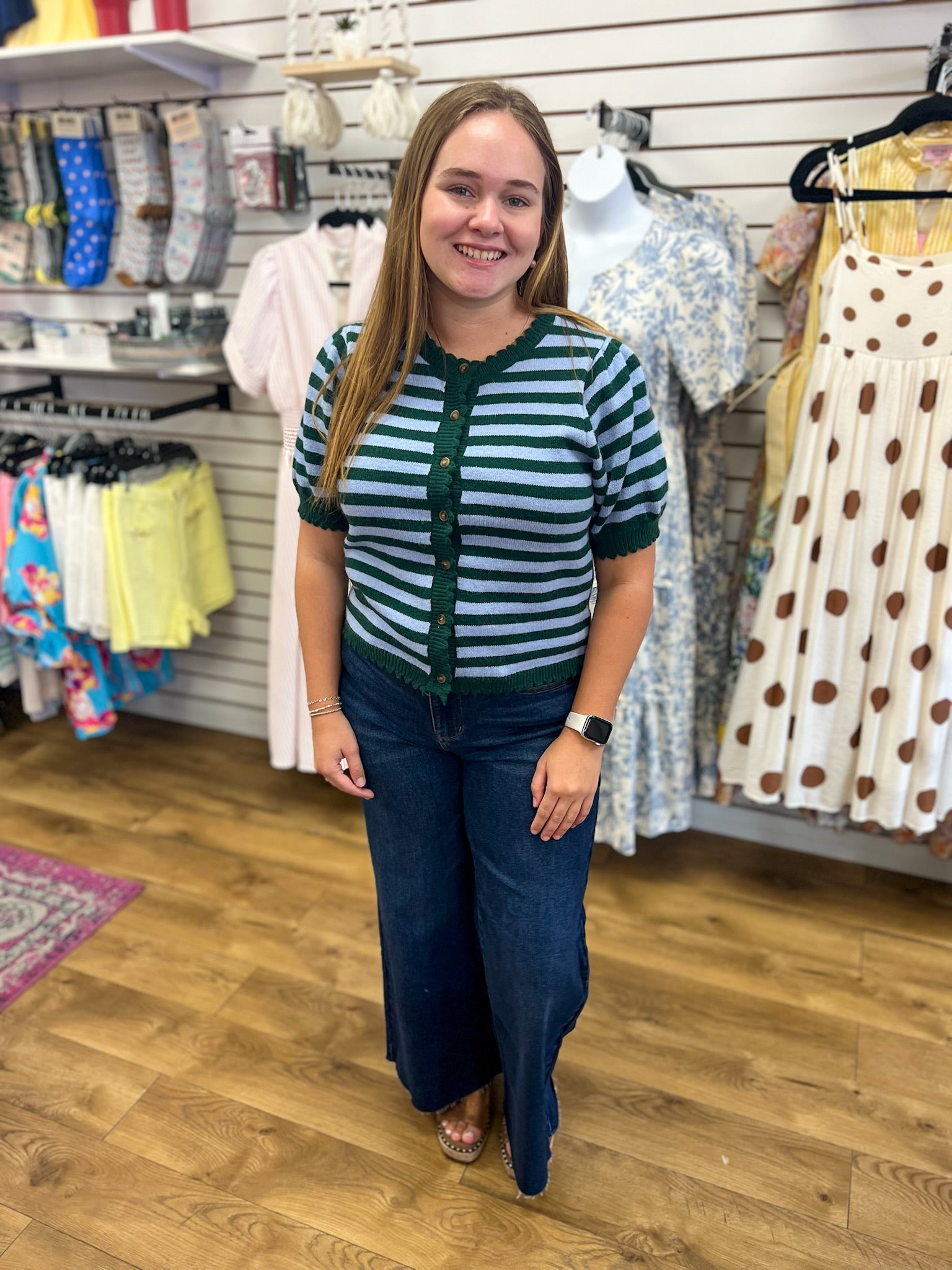 Hunter Green Striped Button Up Sweater with Short Sleeves - A'Bekah's Boutique