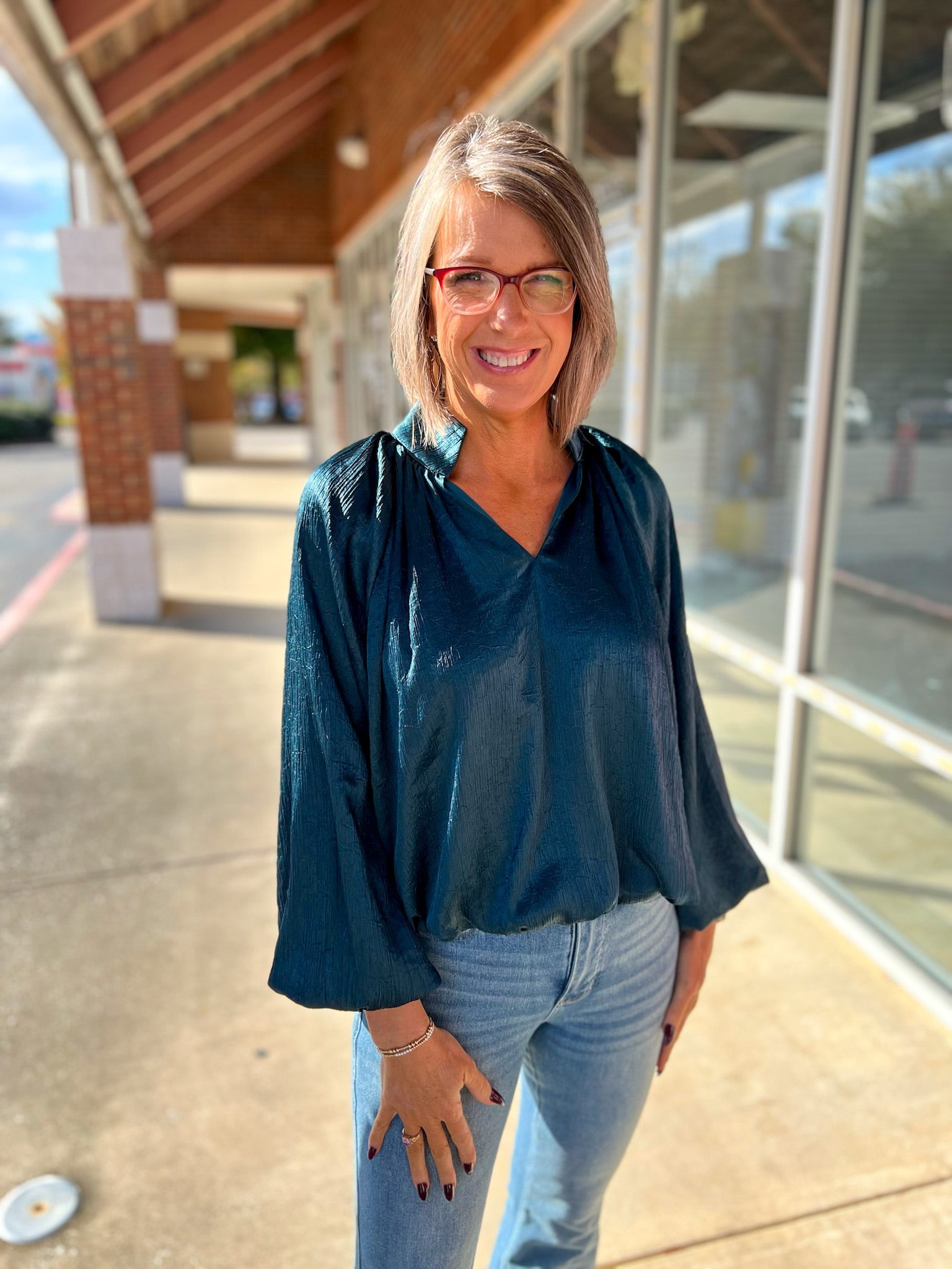 Hunter Green V - Neck Top with Long Balloon Sleeves - A'Bekah's Boutique