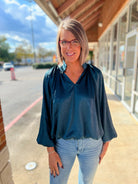 Hunter Green V - Neck Top with Long Balloon Sleeves - A'Bekah's Boutique
