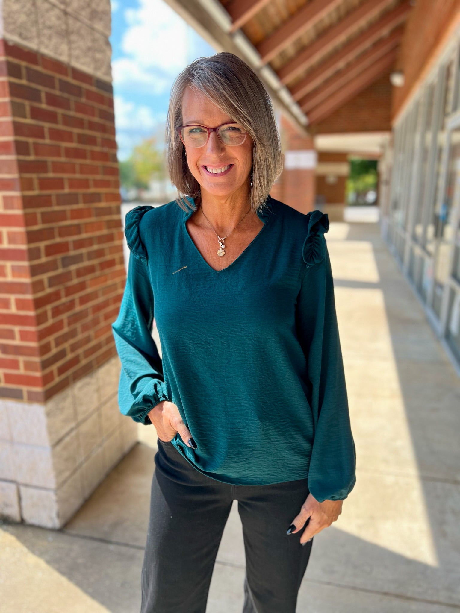 Hunter Green V - Neck Top with Ruffle Shoulder Detail - A'Bekah's Boutique