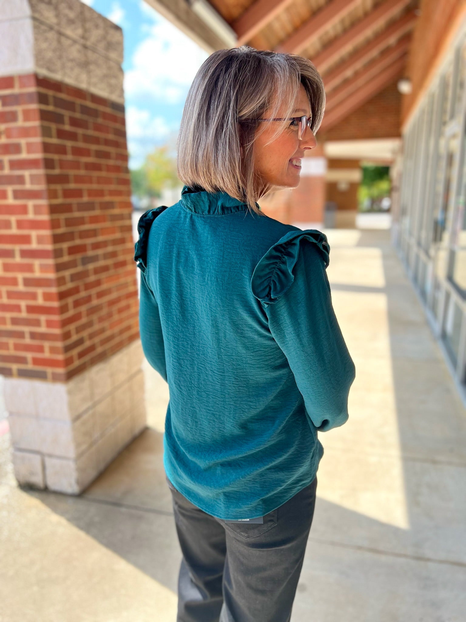Hunter Green V - Neck Top with Ruffle Shoulder Detail - A'Bekah's Boutique