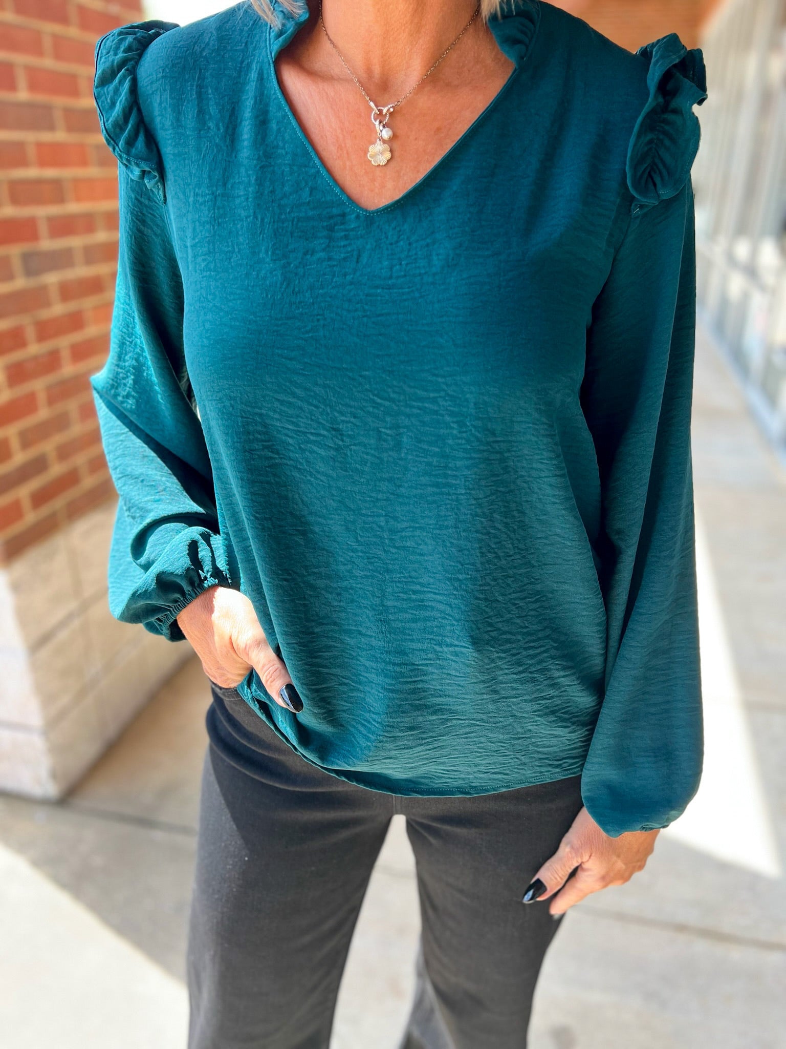 Hunter Green V - Neck Top with Ruffle Shoulder Detail - A'Bekah's Boutique
