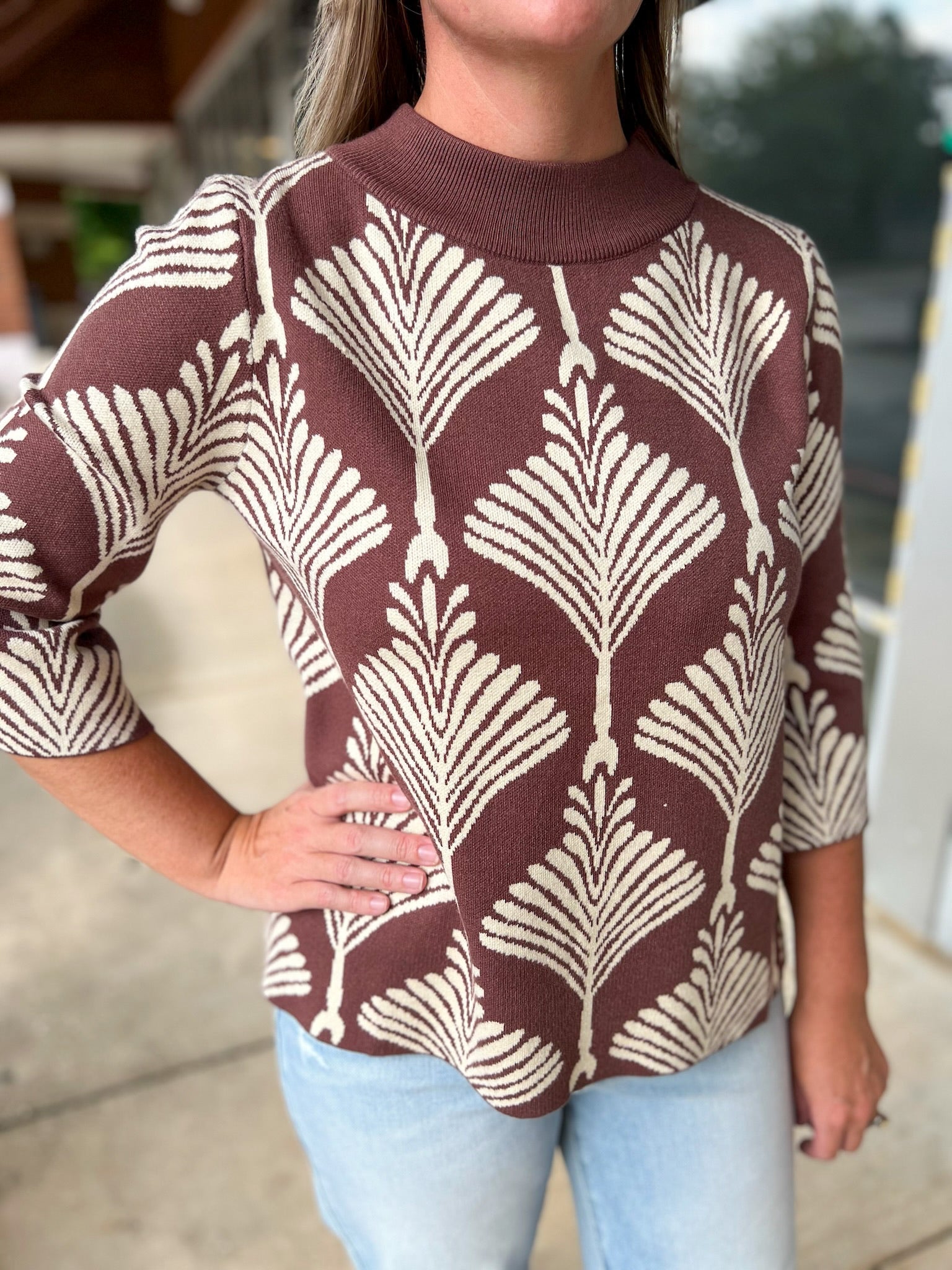 Hurry and Wait Brown Abstract Print Mock Neck Sweater - A'Bekah's Boutique
