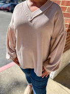 I Know Better Oatmeal Ribbed V - Neck Long Drop Shoulder Sleeves (C) - A'Bekah's Boutique