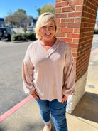 I Know Better Oatmeal Ribbed V - Neck Long Drop Shoulder Sleeves (C) - A'Bekah's Boutique