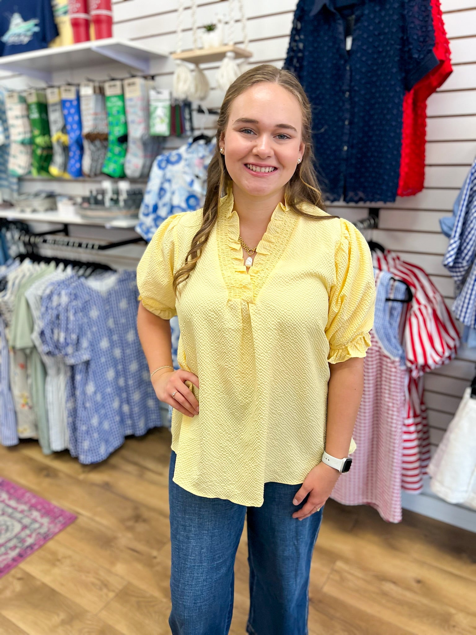 Ice Lemon Ruffle Trimmed V-Neck Top - A'Bekah's Boutique