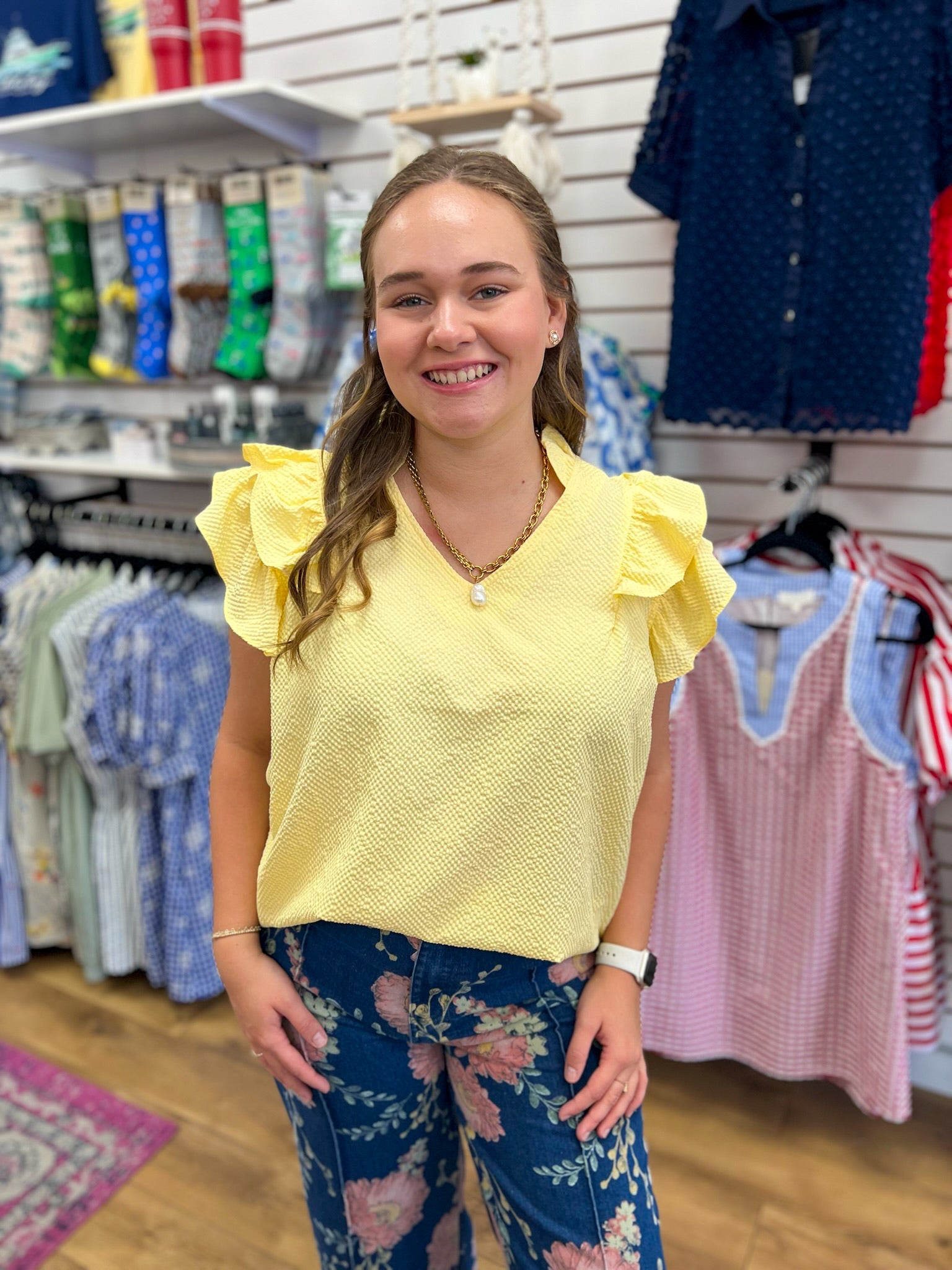 Ice Lemon Textured V-Neck Top with Ruffle Sleeves - A'Bekah's Boutique
