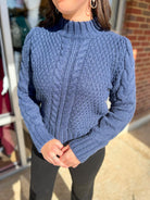 I'll Show You Navy Puff Shoulder Cable Knit Sweater with Mock Neck - A'Bekah's Boutique