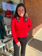 I'll Show You Red Puff Shoulder Cable Knit Sweater with Mock Neck - A'Bekah's Boutique