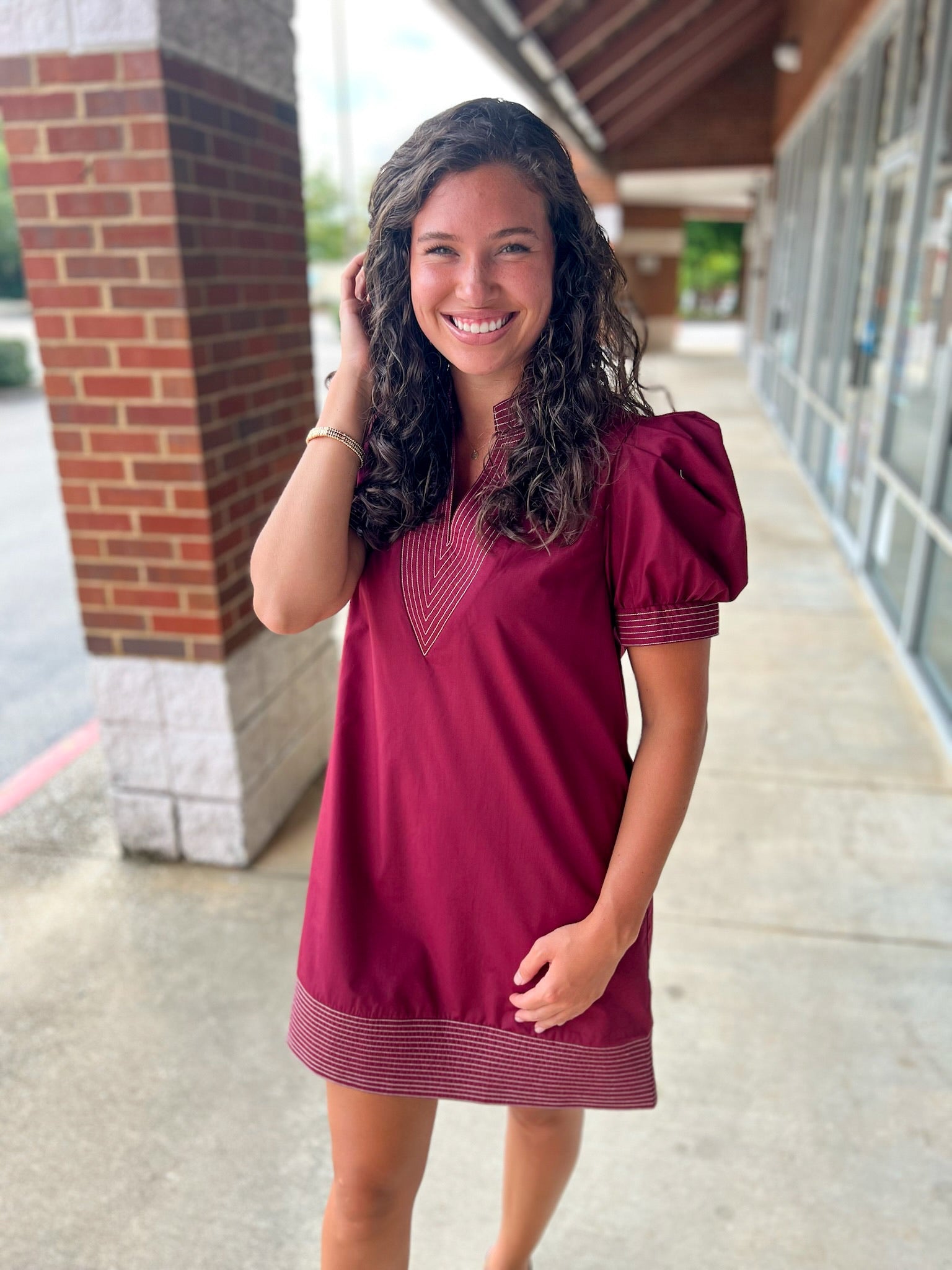 I'm The One Burgundy V - Neck Dress with Short Puff Sleeves - A'Bekah's Boutique