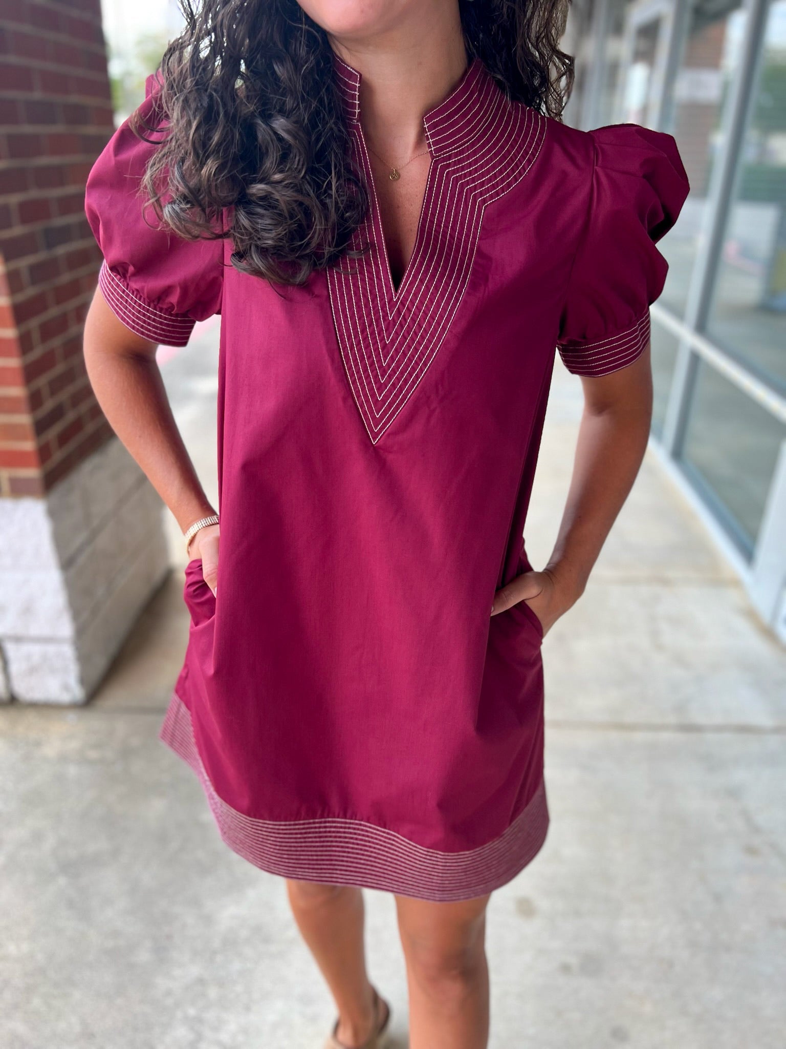 I'm The One Burgundy V - Neck Dress with Short Puff Sleeves - A'Bekah's Boutique