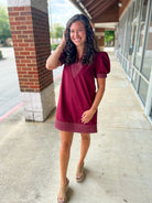 I'm The One Burgundy V - Neck Dress with Short Puff Sleeves - A'Bekah's Boutique