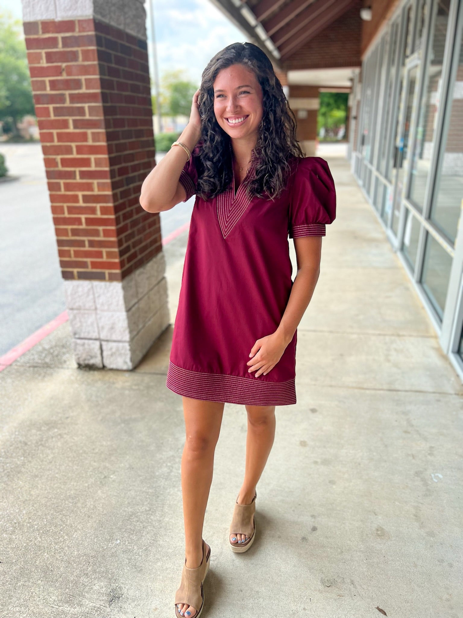 I'm The One Burgundy V - Neck Dress with Short Puff Sleeves - A'Bekah's Boutique