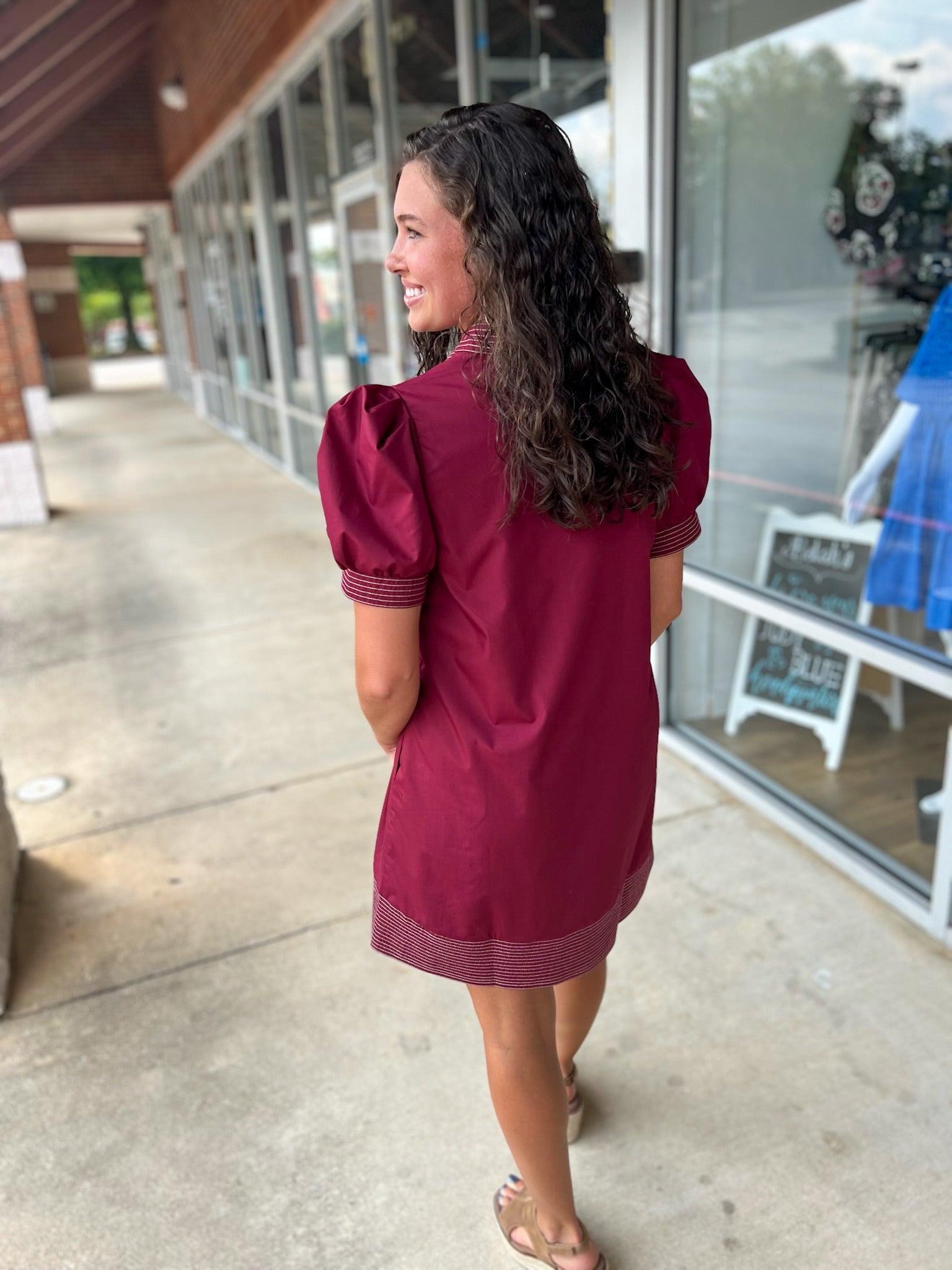 I'm The One Burgundy V - Neck Dress with Short Puff Sleeves - A'Bekah's Boutique
