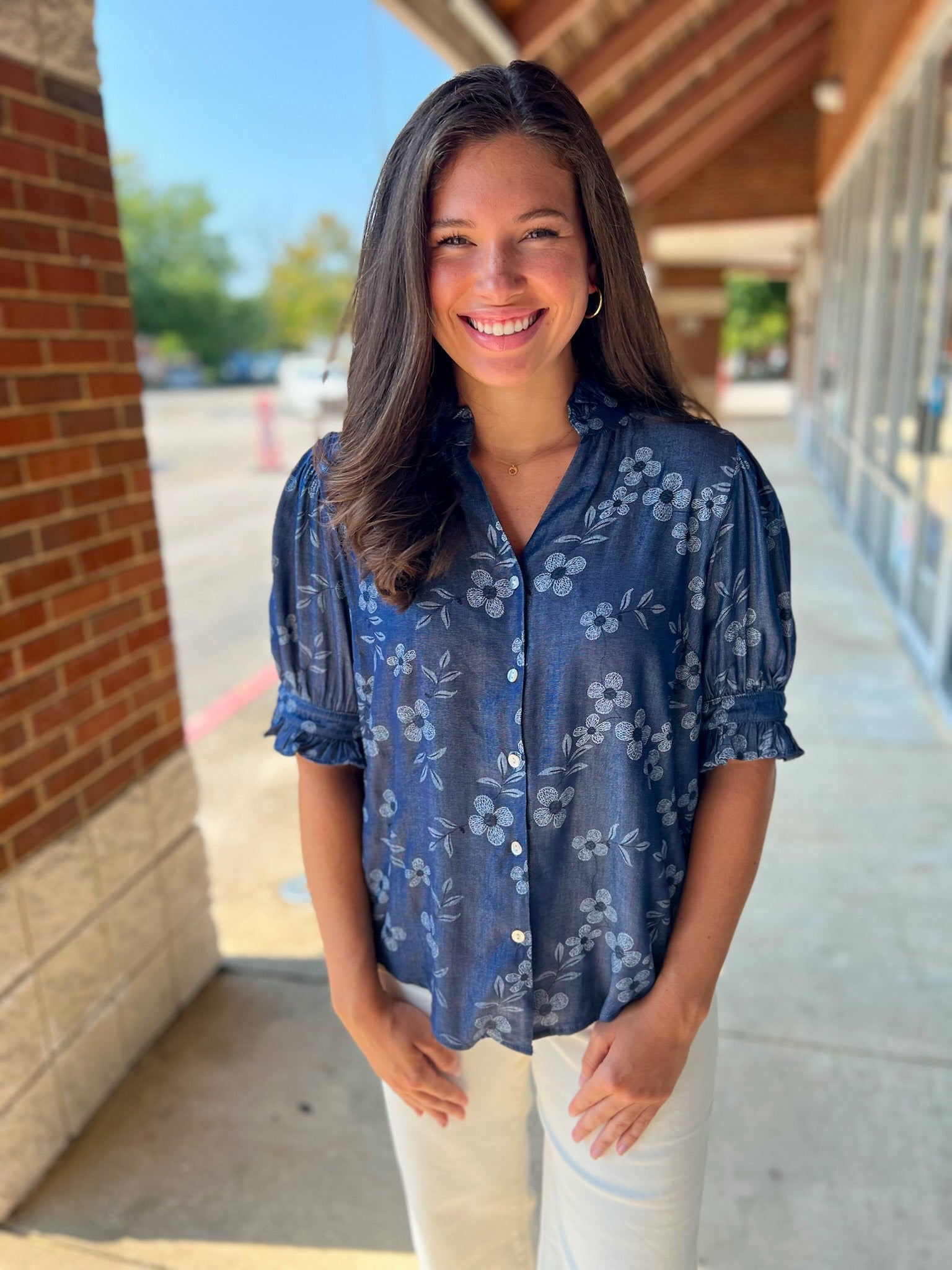 Indigo Floral Puff Sleeve Top with Ruffle Neckline - A'Bekah's Boutique