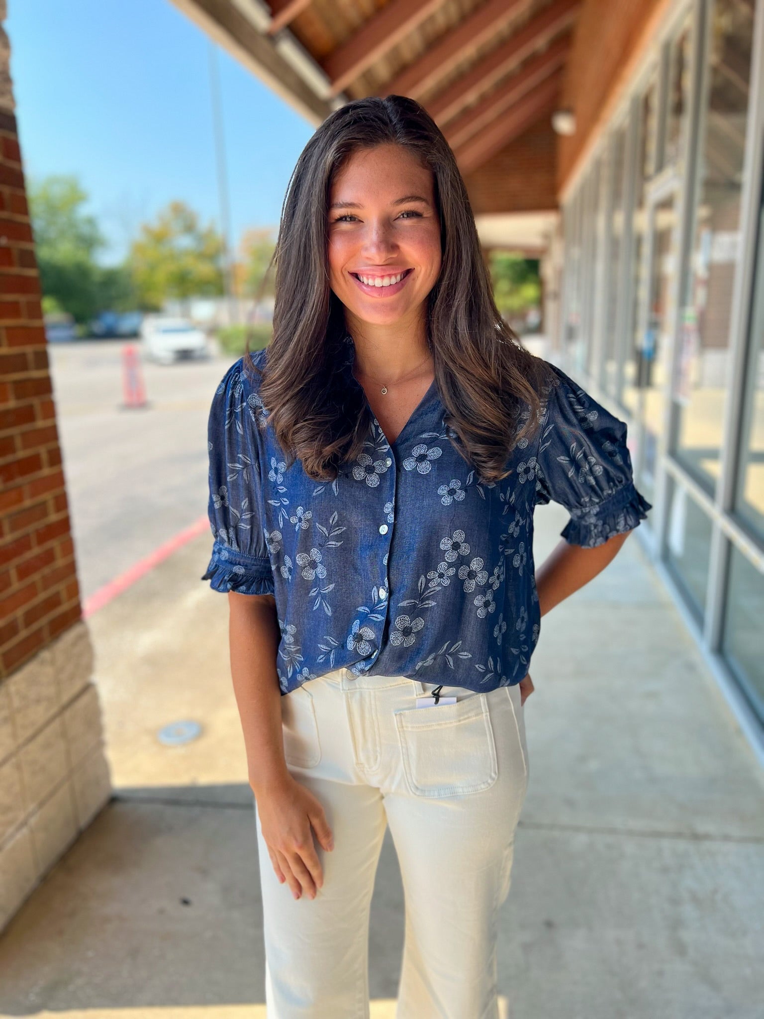 Indigo Floral Puff Sleeve Top with Ruffle Neckline - A'Bekah's Boutique