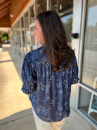 Indigo Floral Puff Sleeve Top with Ruffle Neckline - A'Bekah's Boutique