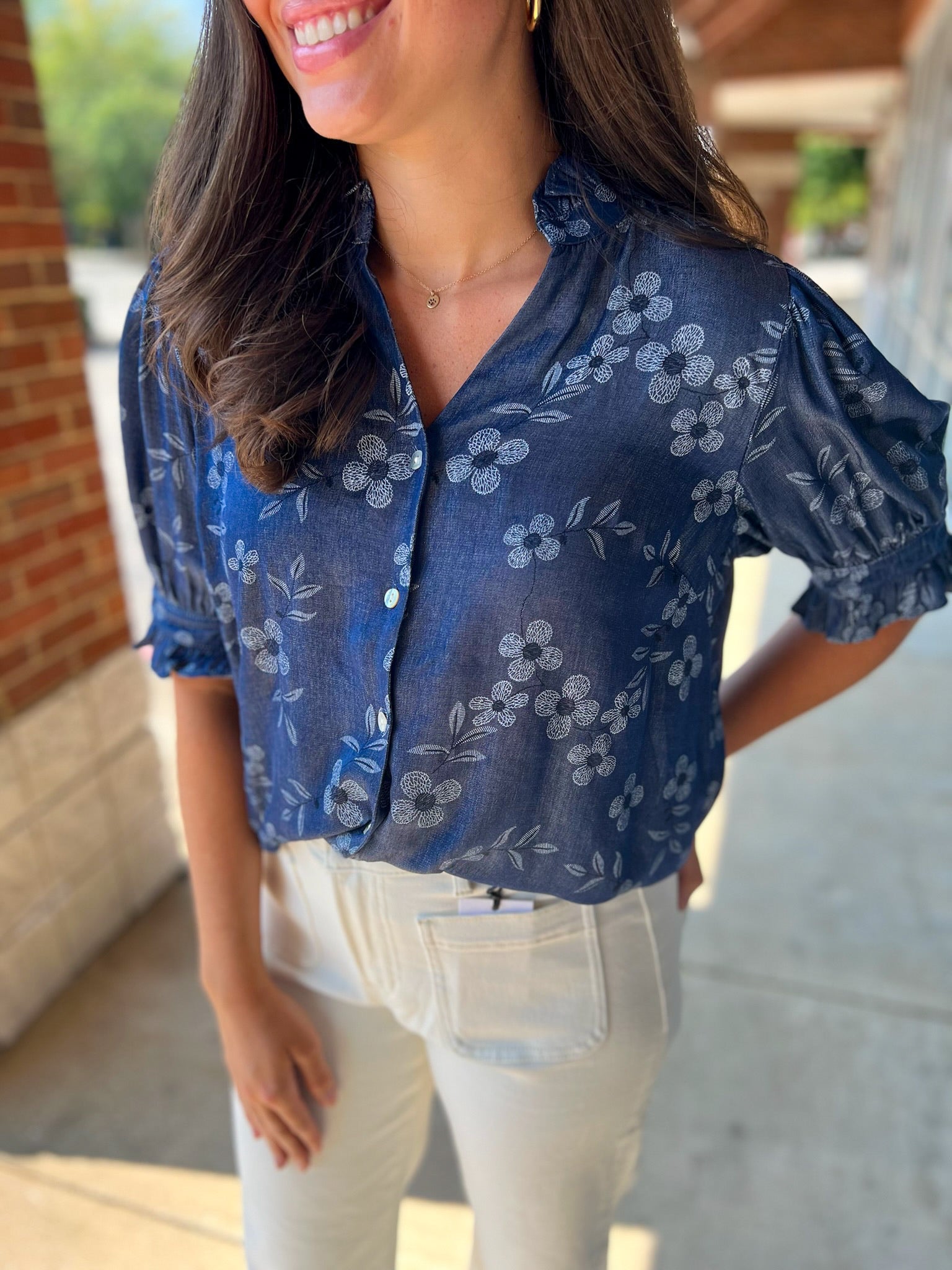 Indigo Floral Puff Sleeve Top with Ruffle Neckline - A'Bekah's Boutique