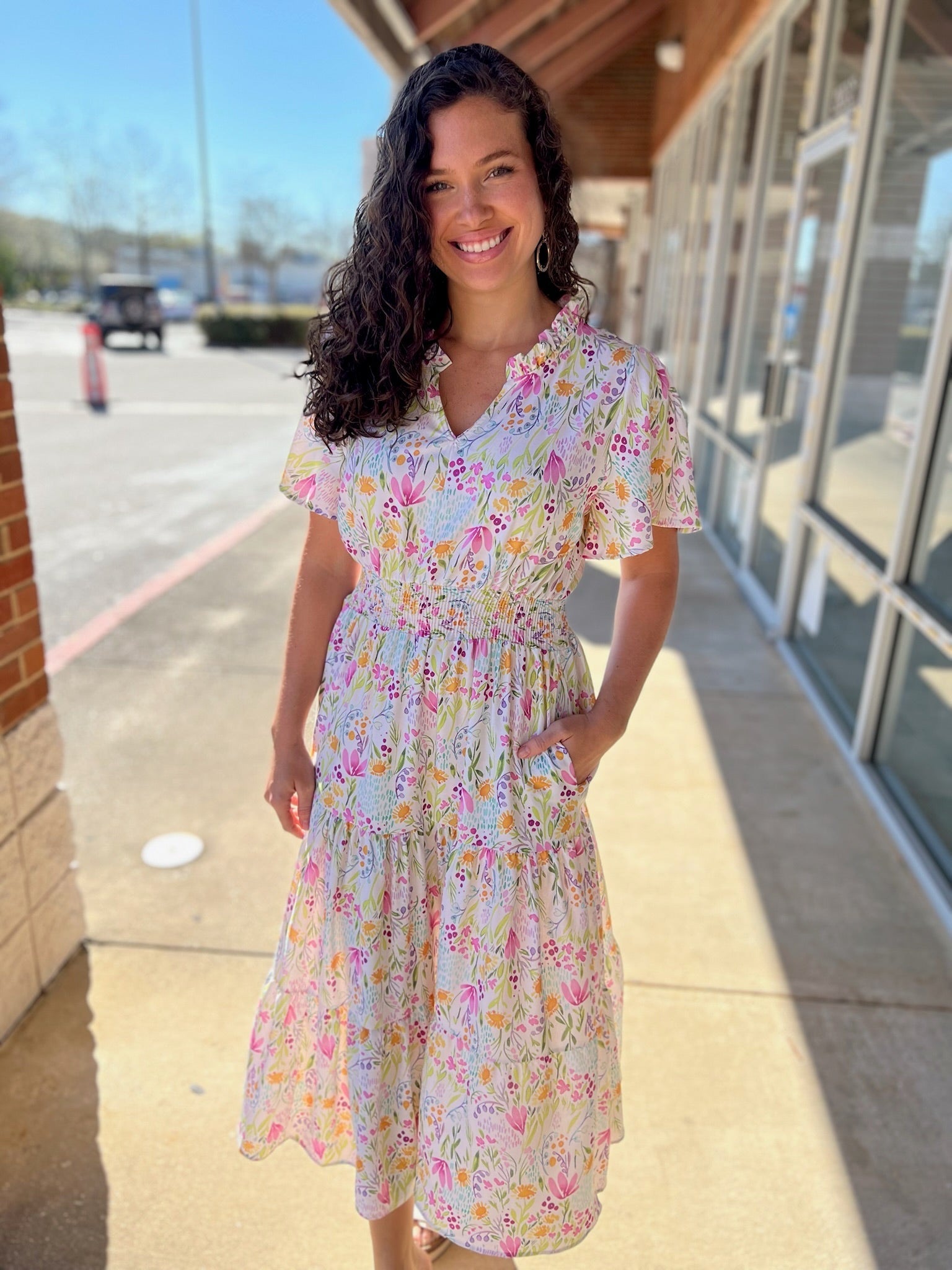 Ivory Floral Short Sleeve Midi Dress with Smocked Waist (R) - A'Bekah's Boutique