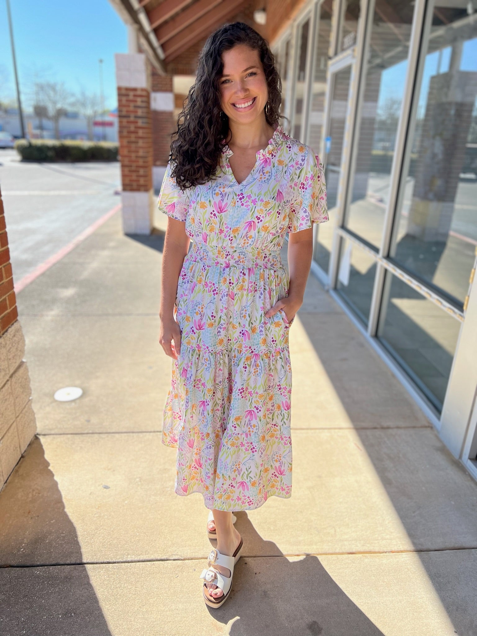 Ivory Floral Short Sleeve Midi Dress with Smocked Waist (R) - A'Bekah's Boutique