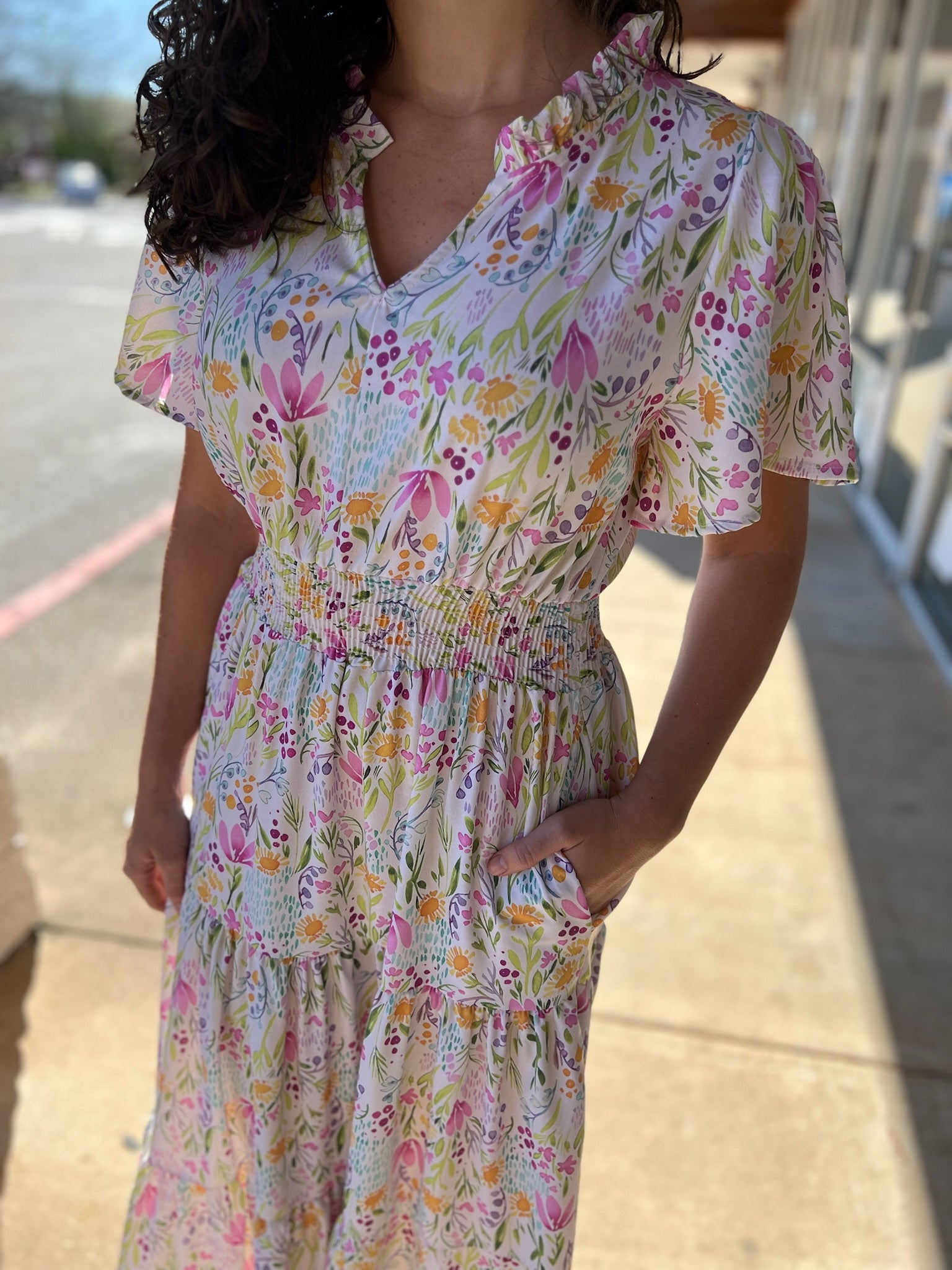 Ivory Floral Short Sleeve Midi Dress with Smocked Waist (R) - A'Bekah's Boutique