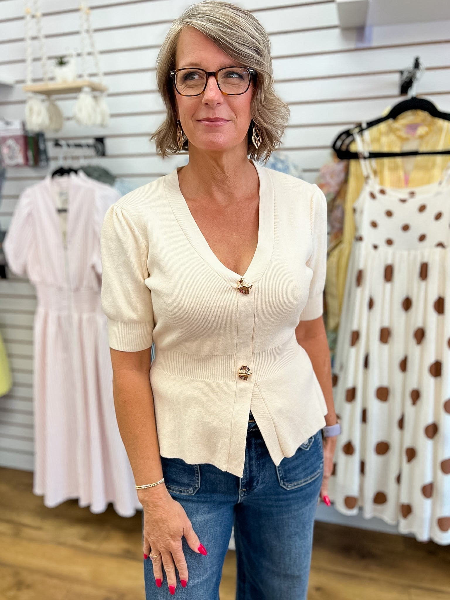 Ivory Ribbed Short Sleeve Cardigan with Gold Buttons - A'Bekah's Boutique