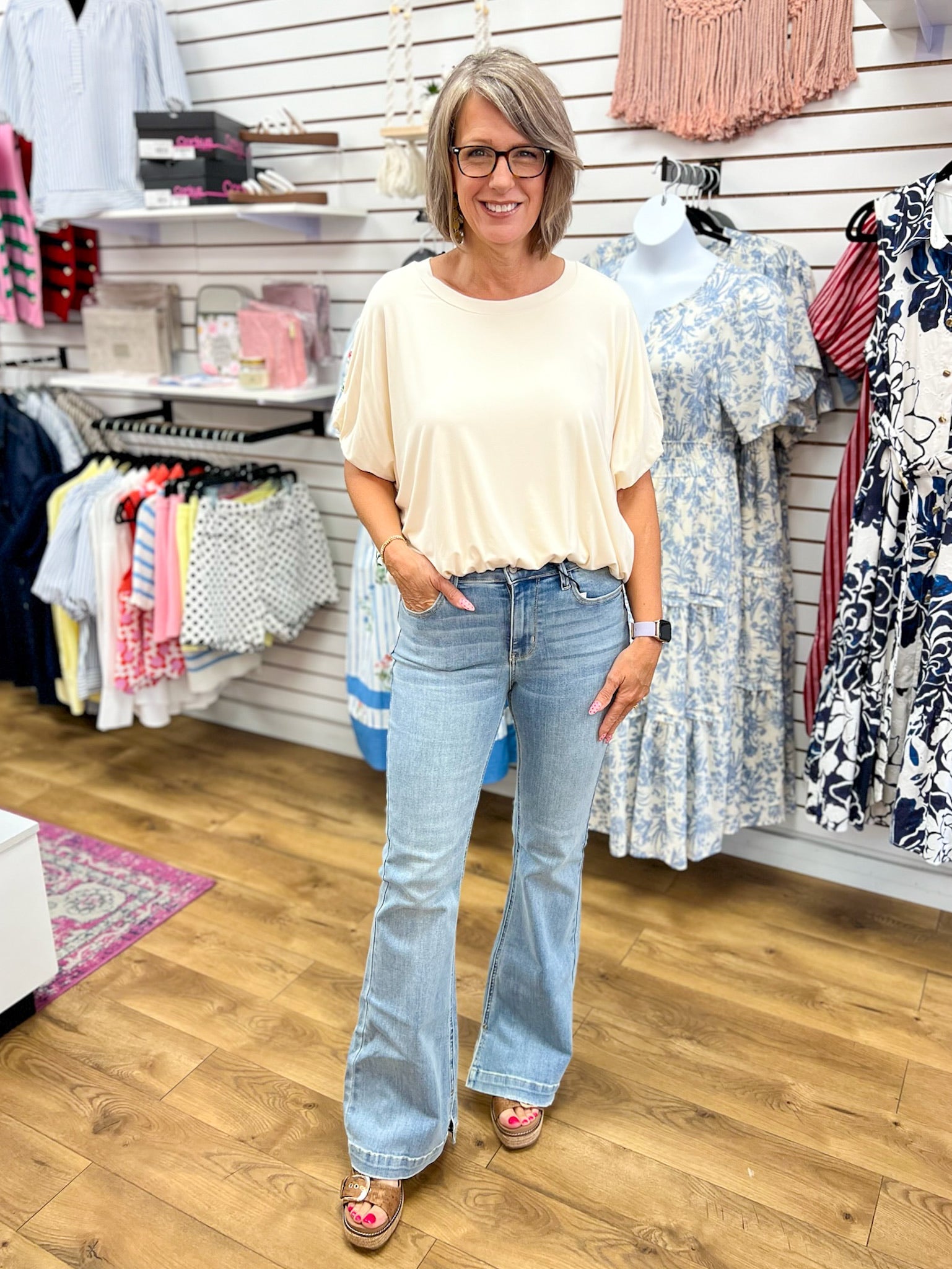 Ivory Short Sleeve Top with Bubble Sleeves and Hem - A'Bekah's Boutique