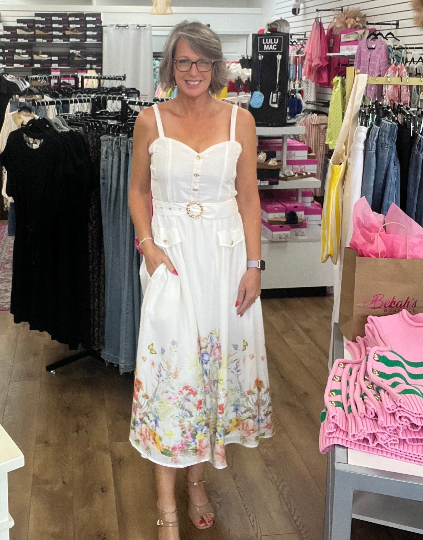 Ivory Sleeveless Dress with Sweetheart Neckline and Floral Hem - A'Bekah's Boutique