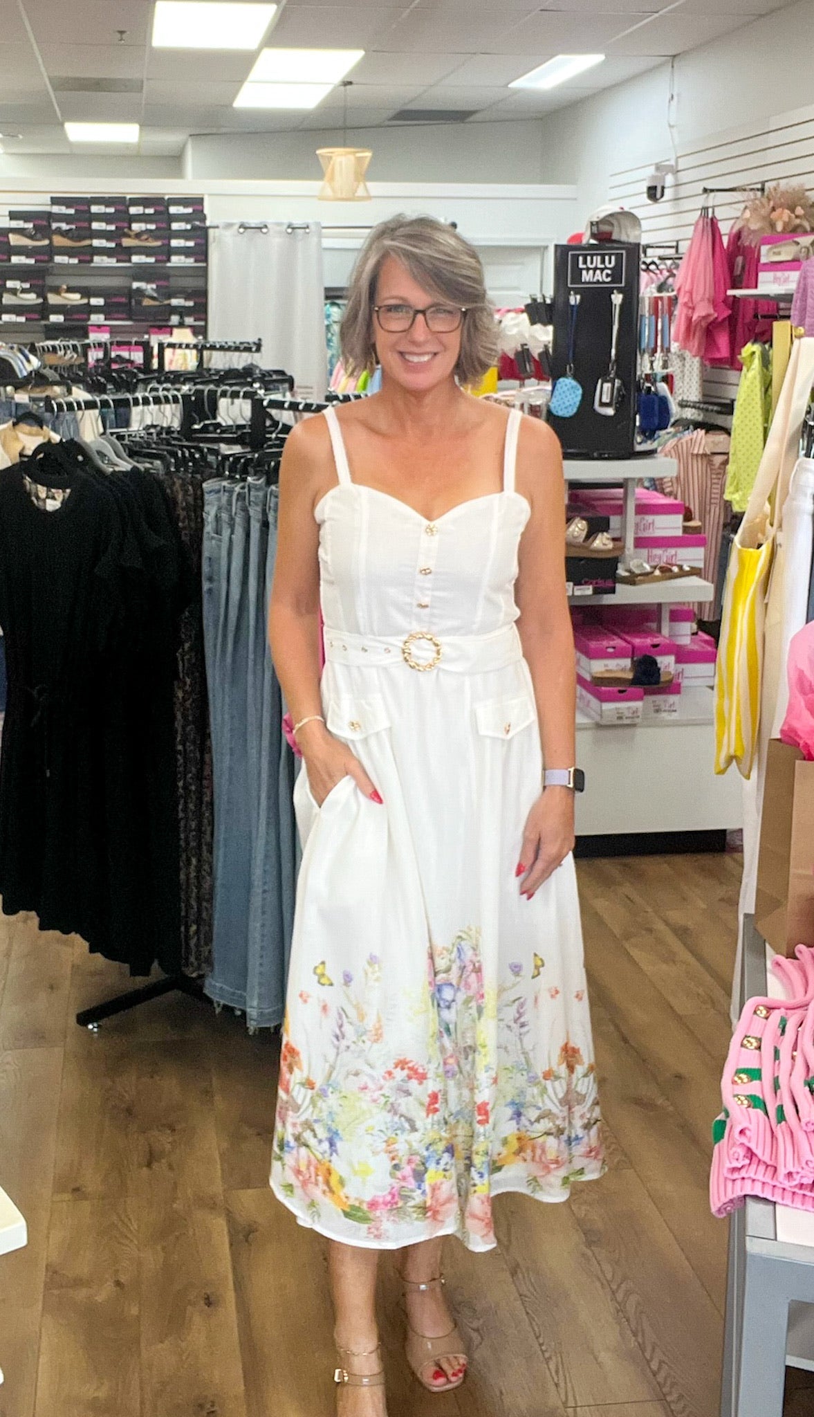 Ivory Sleeveless Dress with Sweetheart Neckline and Floral Hem - A'Bekah's Boutique