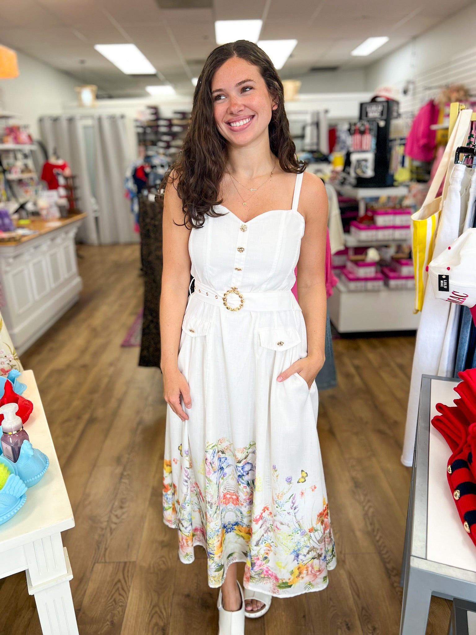 Ivory Sleeveless Dress with Sweetheart Neckline and Floral Hem - A'Bekah's Boutique