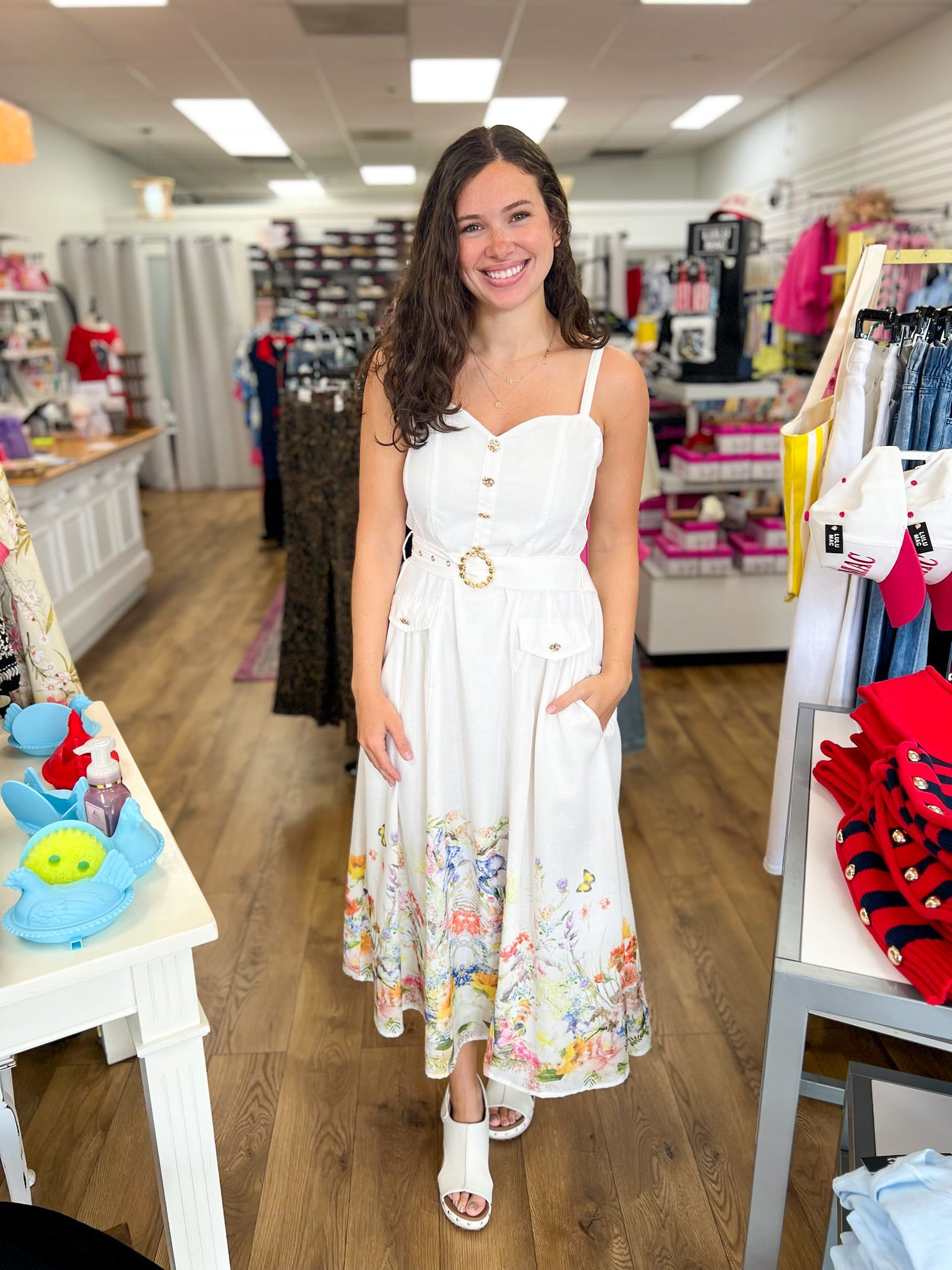 Ivory Sleeveless Dress with Sweetheart Neckline and Floral Hem - A'Bekah's Boutique