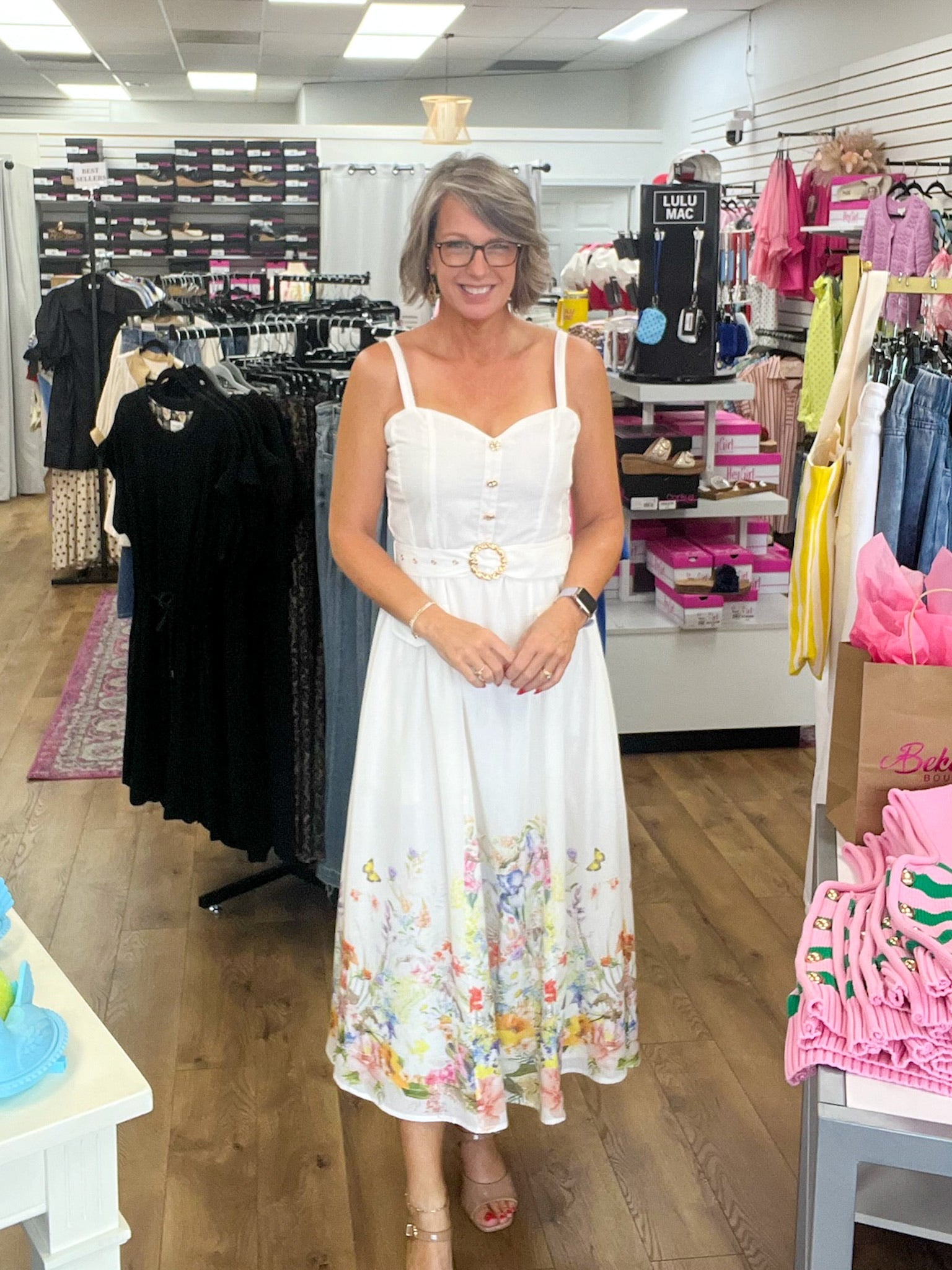 Ivory Sleeveless Dress with Sweetheart Neckline and Floral Hem - A'Bekah's Boutique