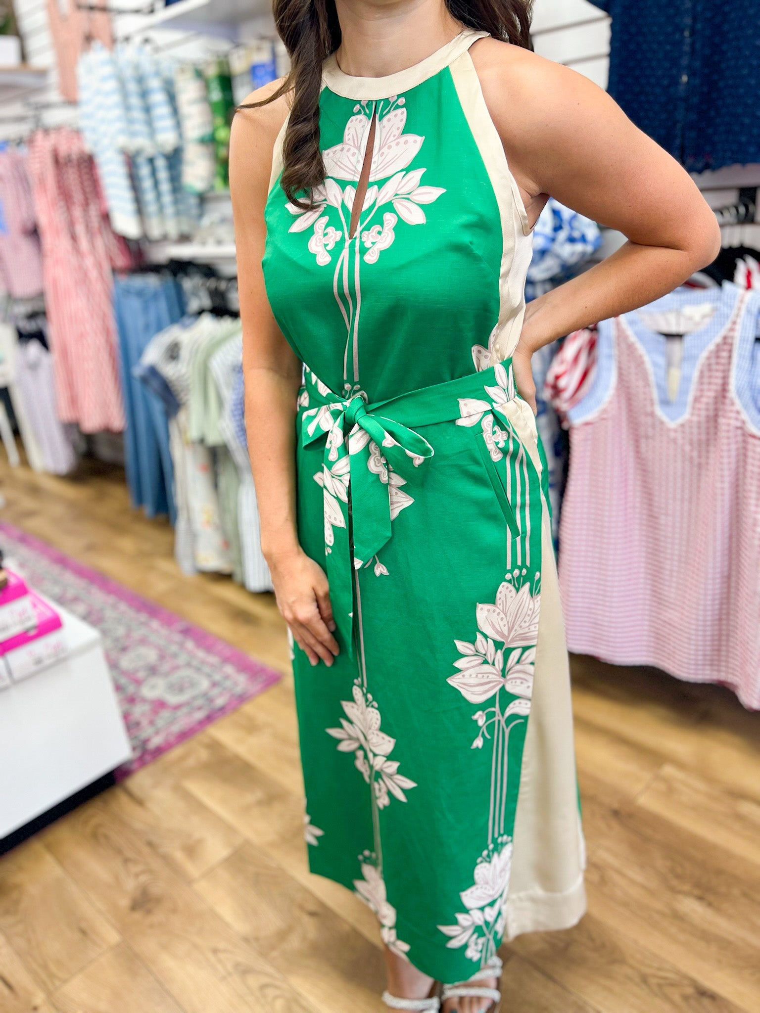 Jade Green Floral Sleeveless Midi Dress with Self Tie Waist - A'Bekah's Boutique