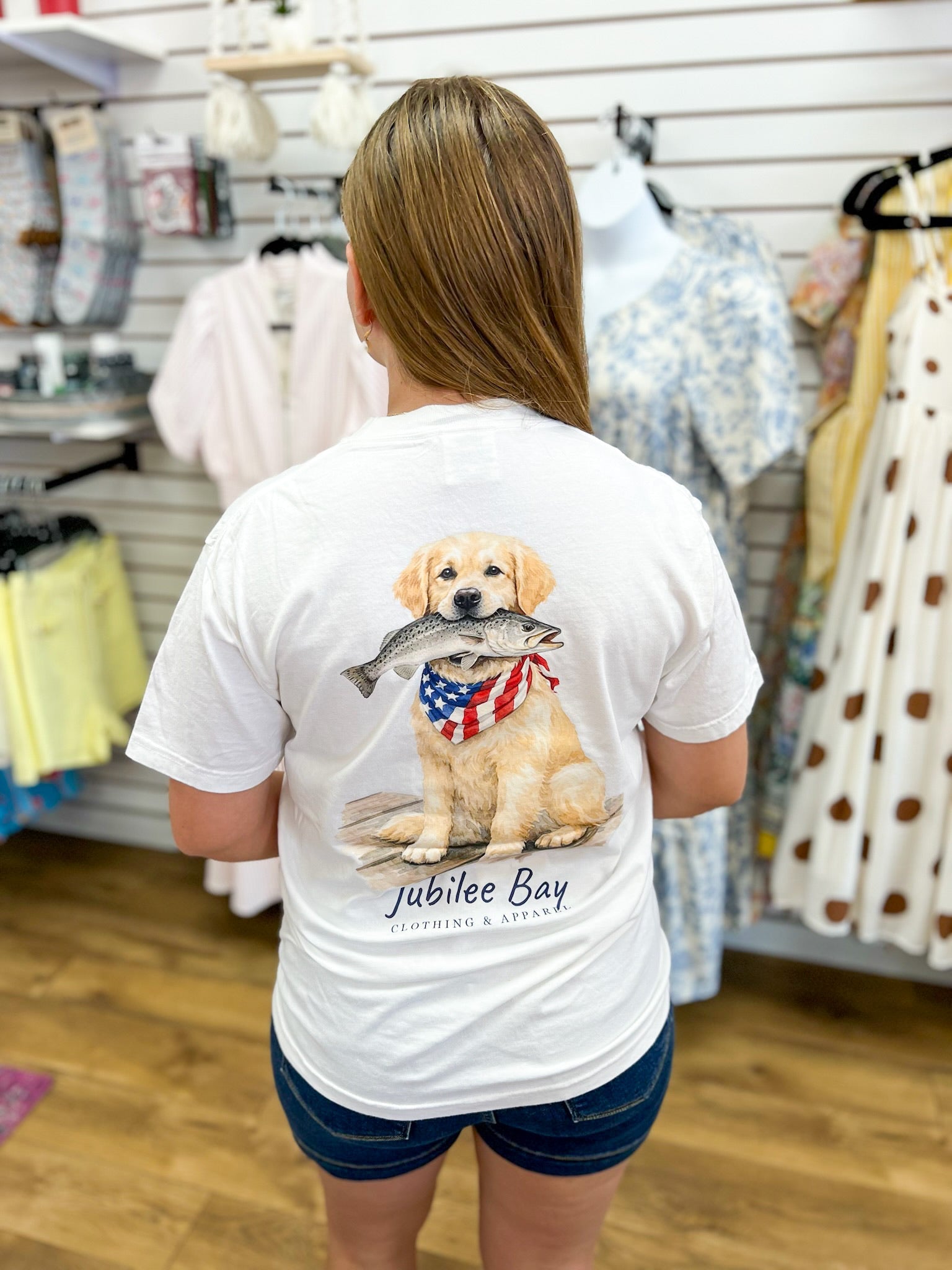 Jubilee Bay White T-Shirt Dog with Fish in Mouth - A'Bekah's Boutique