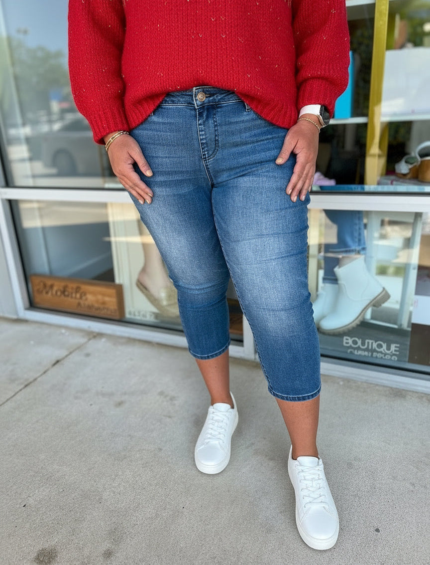 Judy Blue Cool Denim High Waist Pull On Cropped Jeans (C) - A'Bekah's Boutique