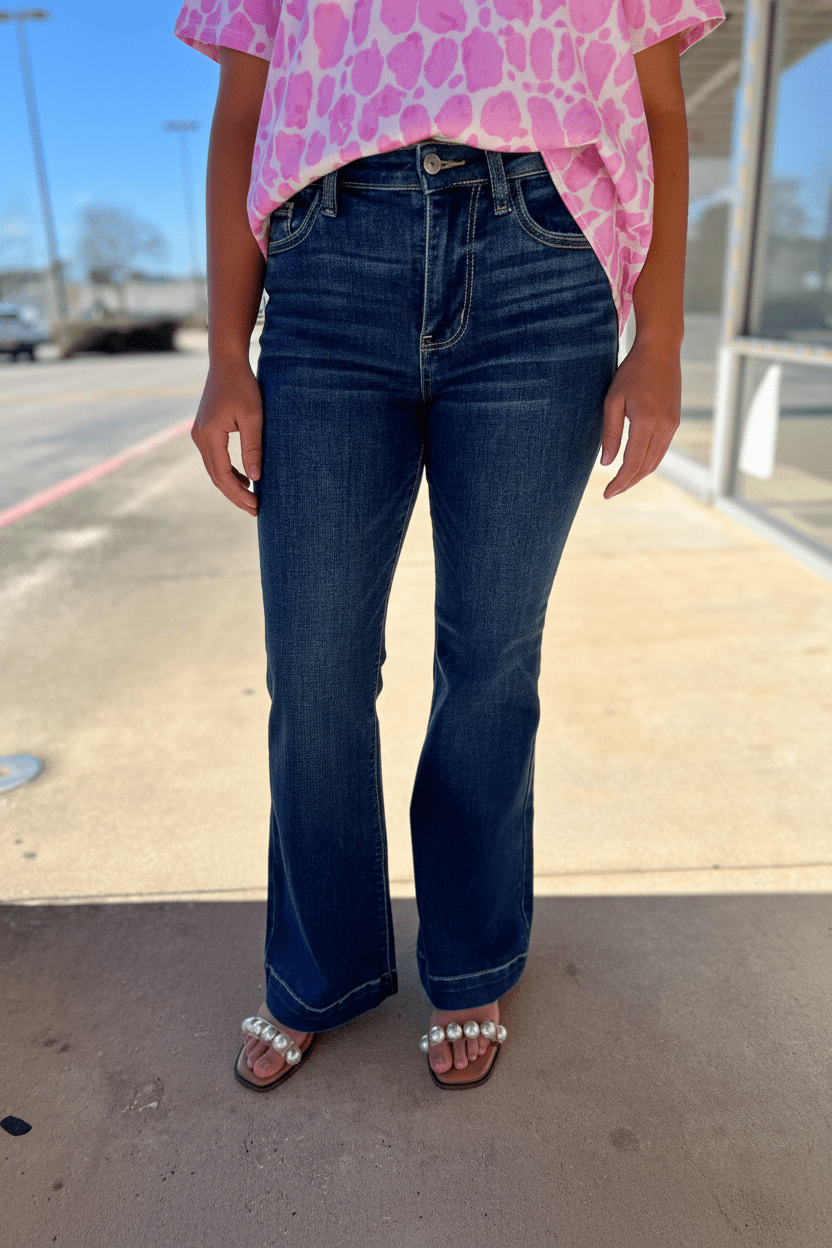 Judy Blue Curvy Dark High Waisted Petite Trouser Flare Jeans 30" Inseam (C) - A'Bekah's Boutique