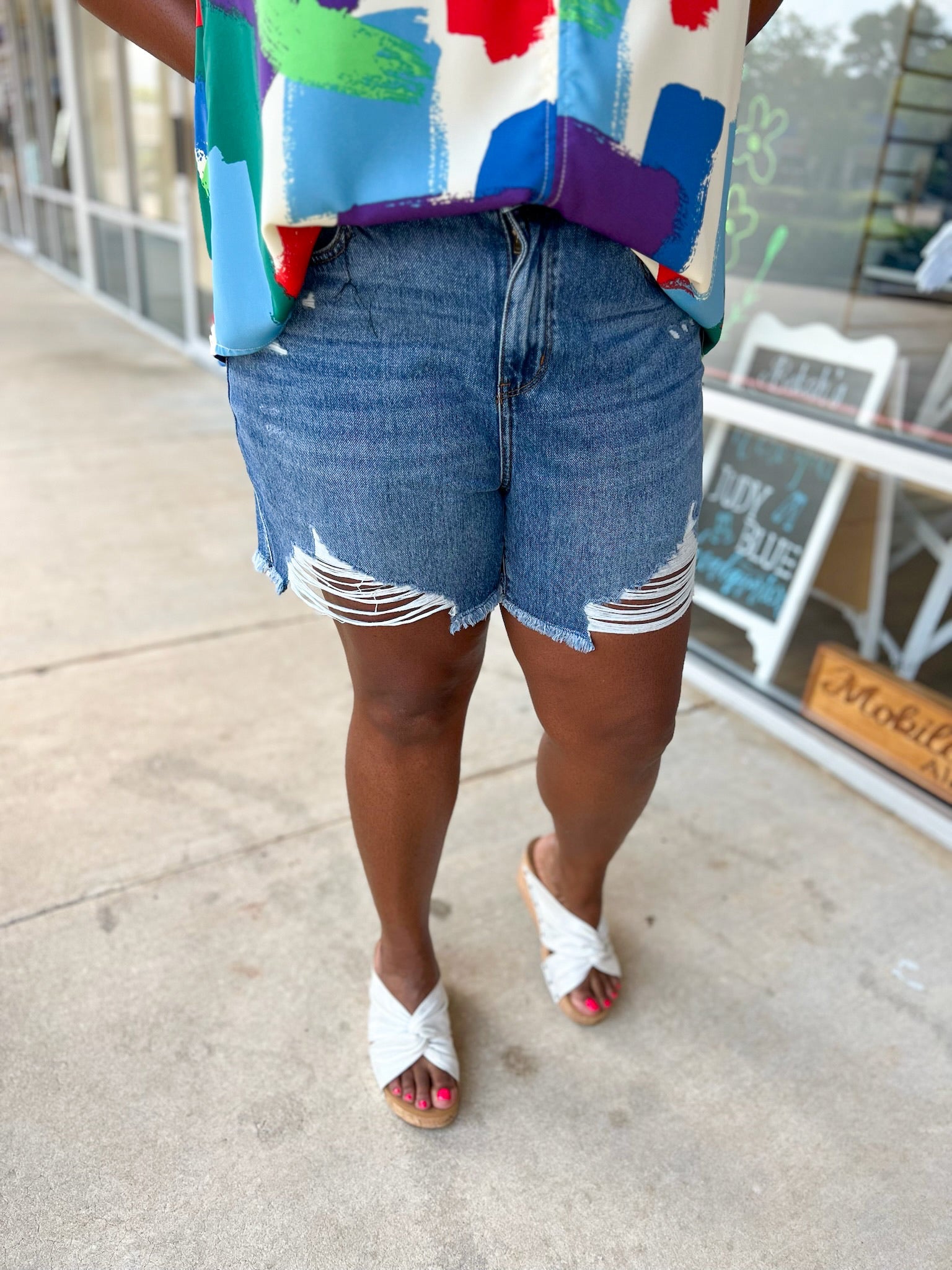 Judy Blue Curvy HW Rigid Magic Destroyed and Frayed Denim Shorts - A'Bekah's Boutique