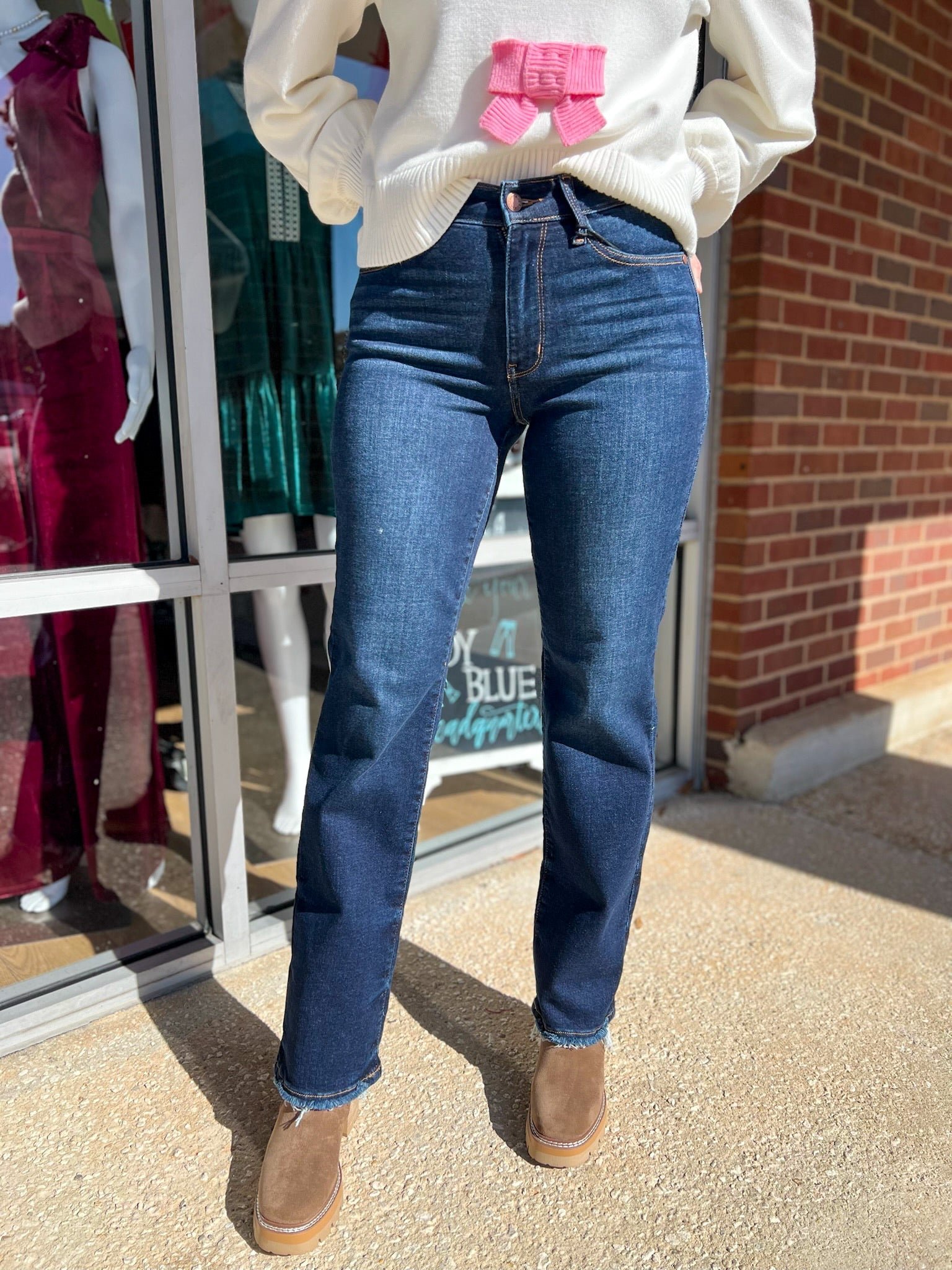 Judy Blue Dark Denim Mid Rise Straight Leg Jeans with Frayed Hem - A'Bekah's Boutique