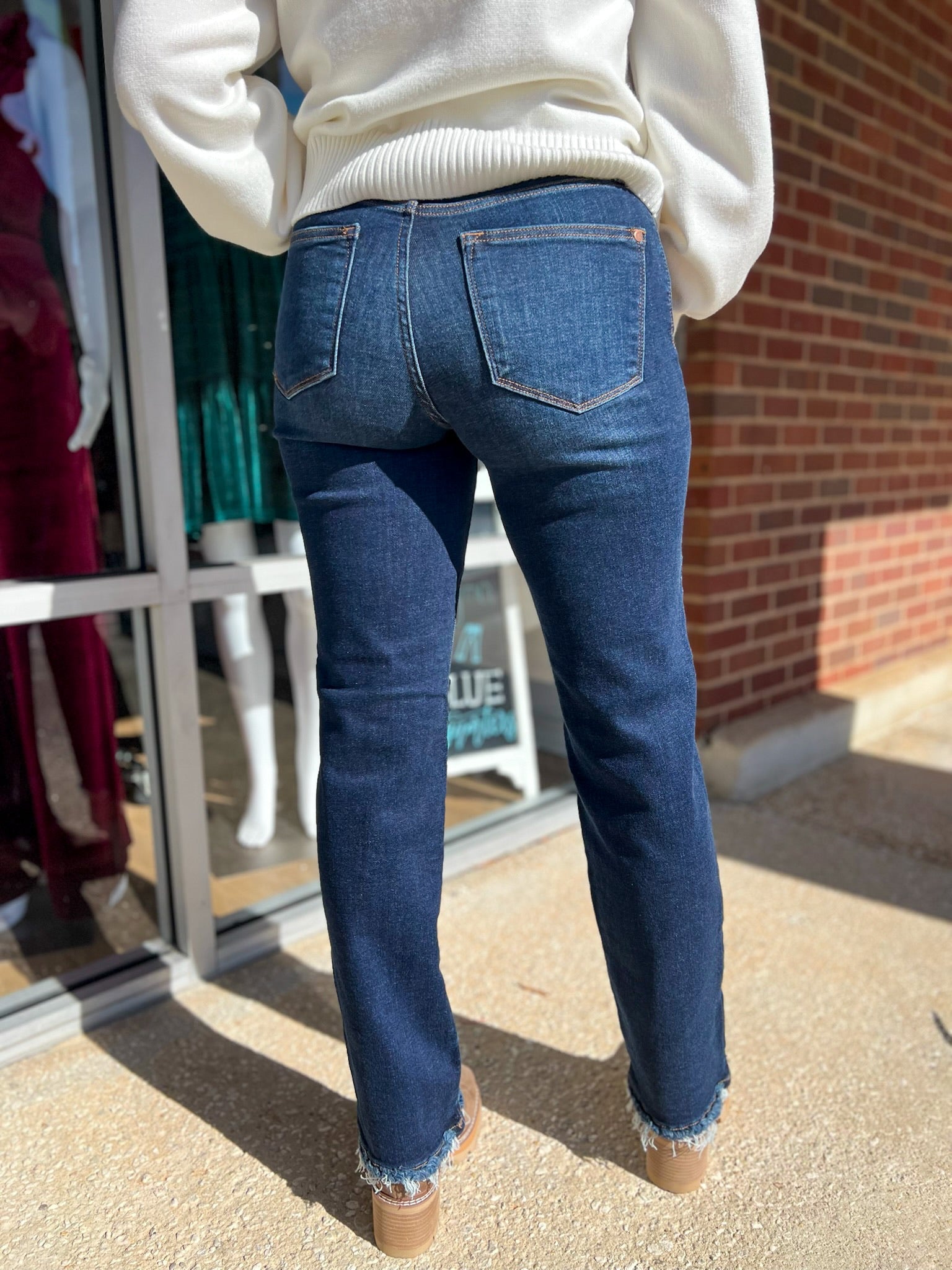 Judy Blue Dark Denim Mid Rise Straight Leg Jeans with Frayed Hem - A'Bekah's Boutique