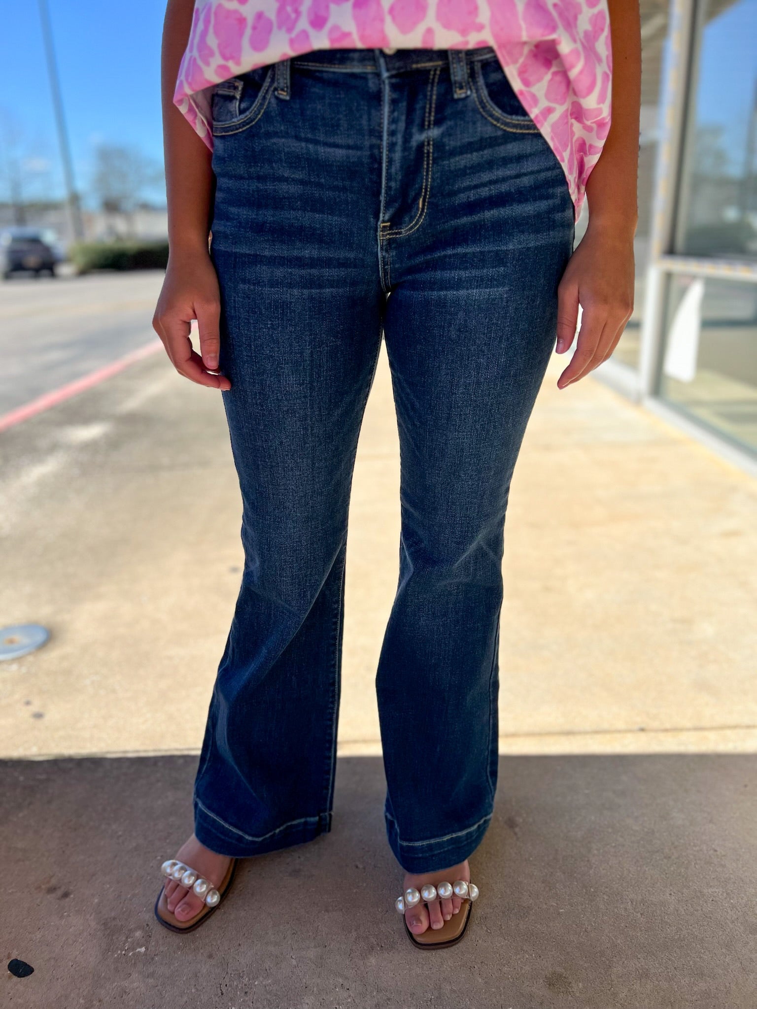 Judy Blue Dark High Waisted Petite Trouser Flare Jeans 30" Inseam (R) - A'Bekah's Boutique