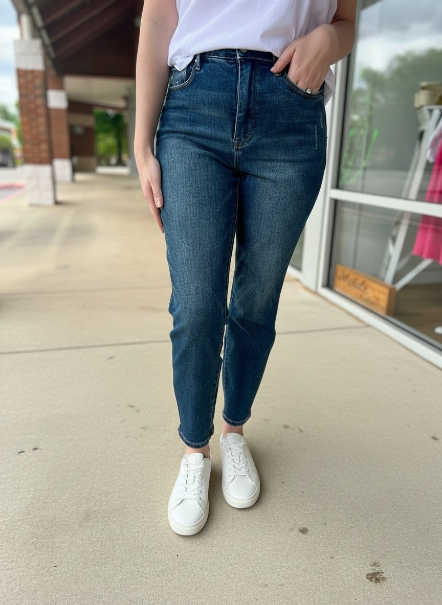 Judy Blue Dark HW Slim Jeans with Tummy Control - A'Bekah's Boutique