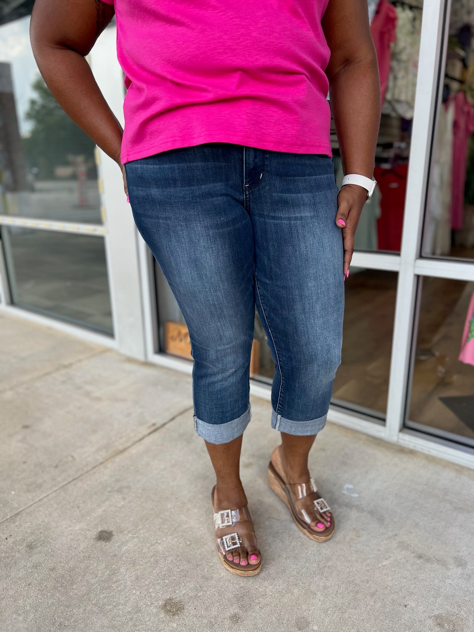 Judy Blue Dark Wash Cuffed Capri Jeans (C) - A'Bekah's Boutique