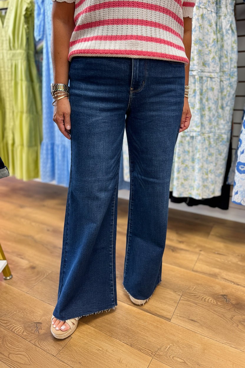 Judy Blue Dark Wash Retro Wide Leg Jeans with Adjustable Waist 32" Inseam - A'Bekah's Boutique