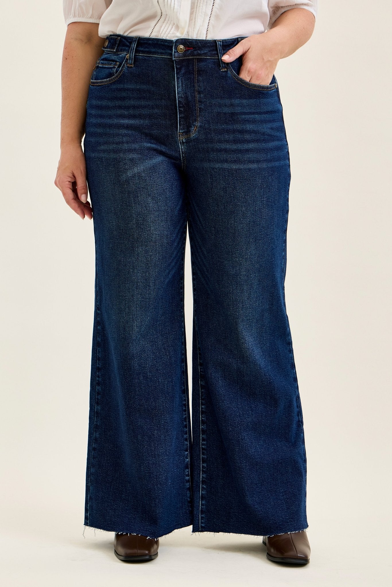 Judy Blue Dark Wash Retro Wide Leg Jeans with Adjustable Waist 32" Inseam - A'Bekah's Boutique