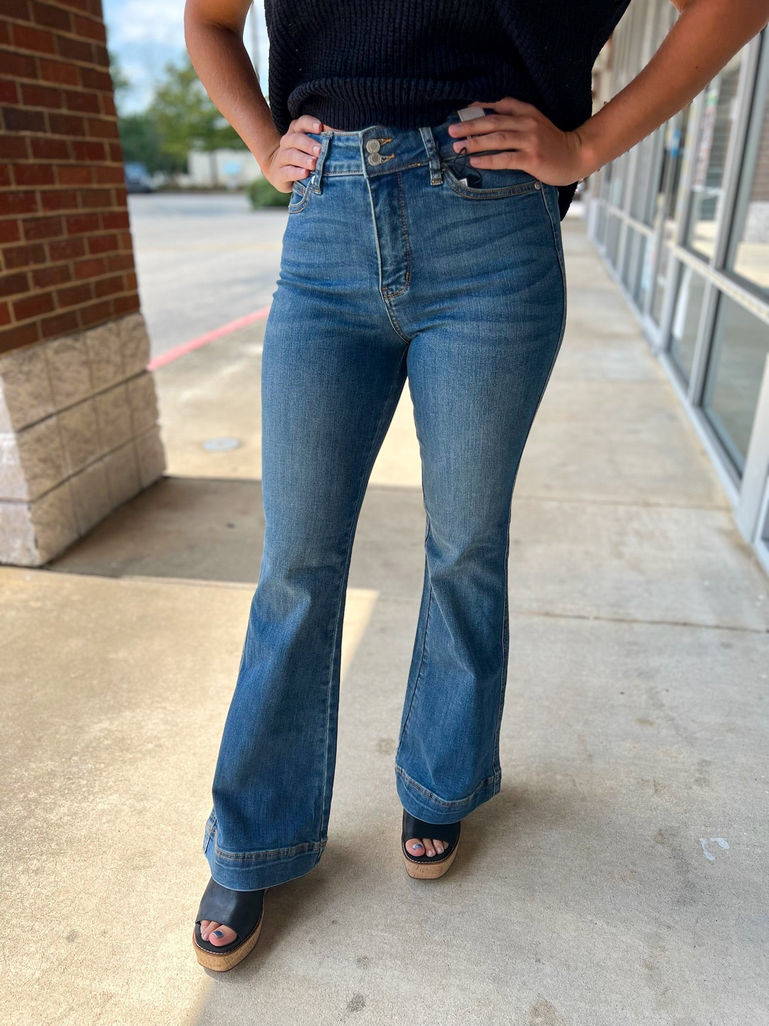 Judy Blue High Waisted Double Button 33" Inseam Flare Leg Jeans with Tummy Control - A'Bekah's Boutique